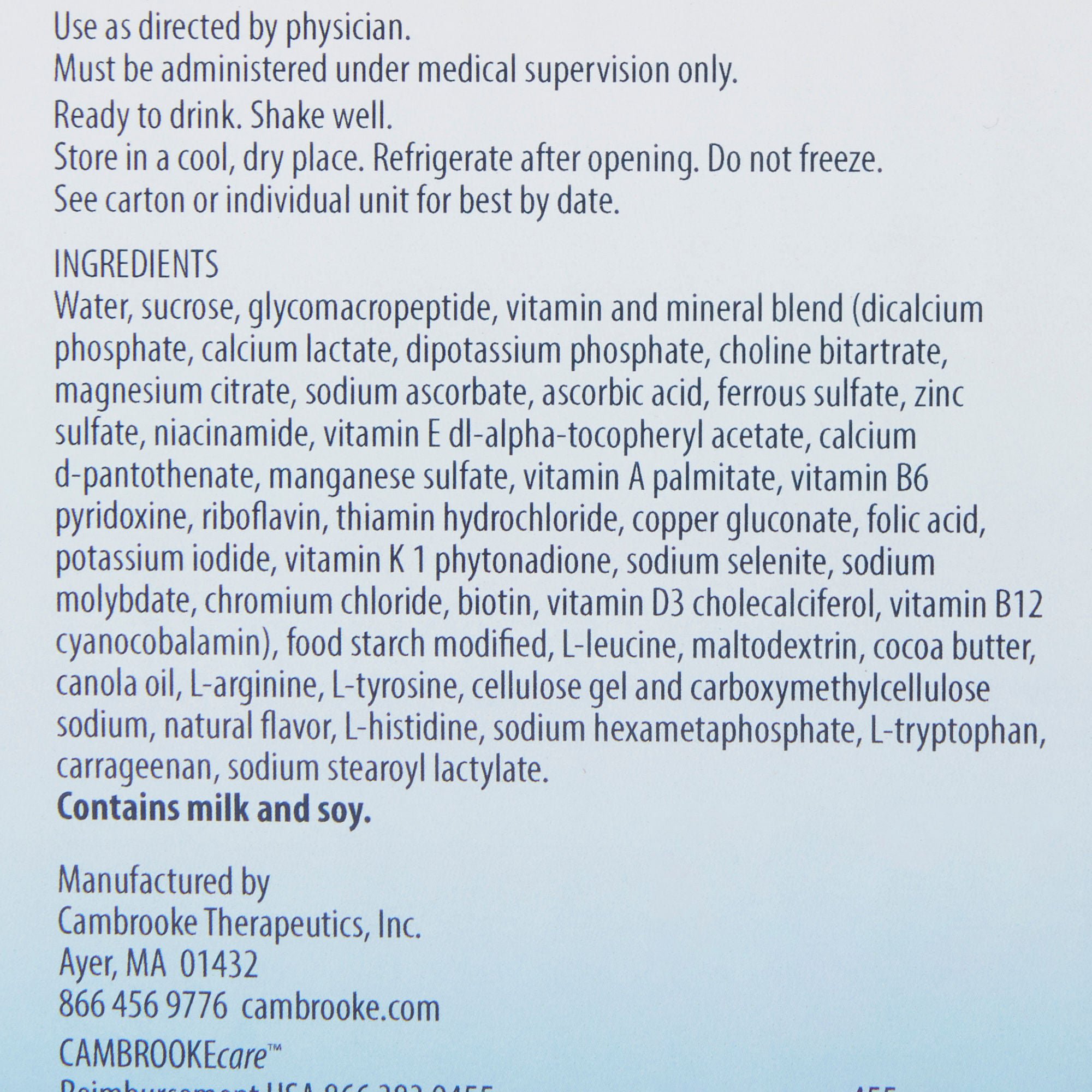 Cambrooke Therapeutics - 35084 Oral Supplement Glytactin® RTD 15 Original Flavor Liquid 8.3 oz. Carton