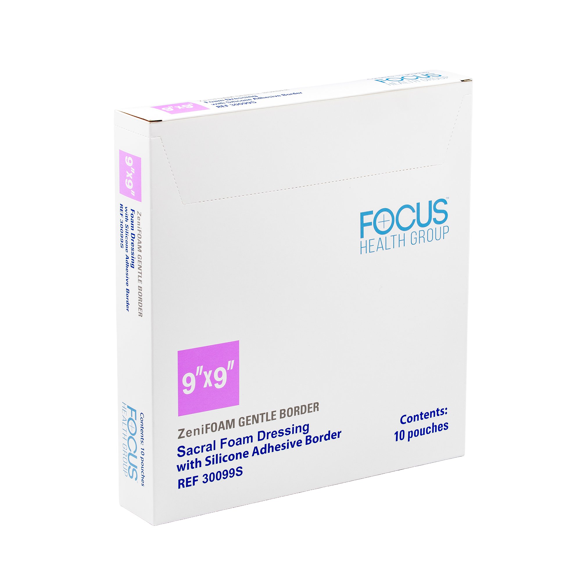 Focus Health Group - 30099S Foam Dressing ZeniFOAM Gentle Border 9 X 9 Inch With Border Waterproof Backing Silicone Face and Border Sacral Sterile