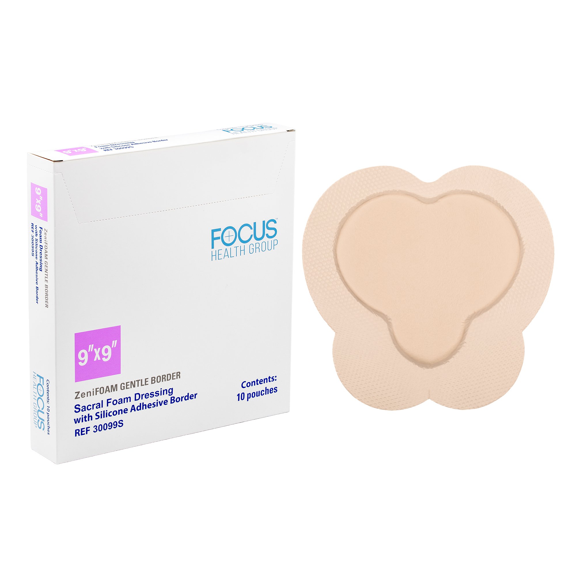 Focus Health Group - 30099S Foam Dressing ZeniFOAM Gentle Border 9 X 9 Inch With Border Waterproof Backing Silicone Face and Border Sacral Sterile