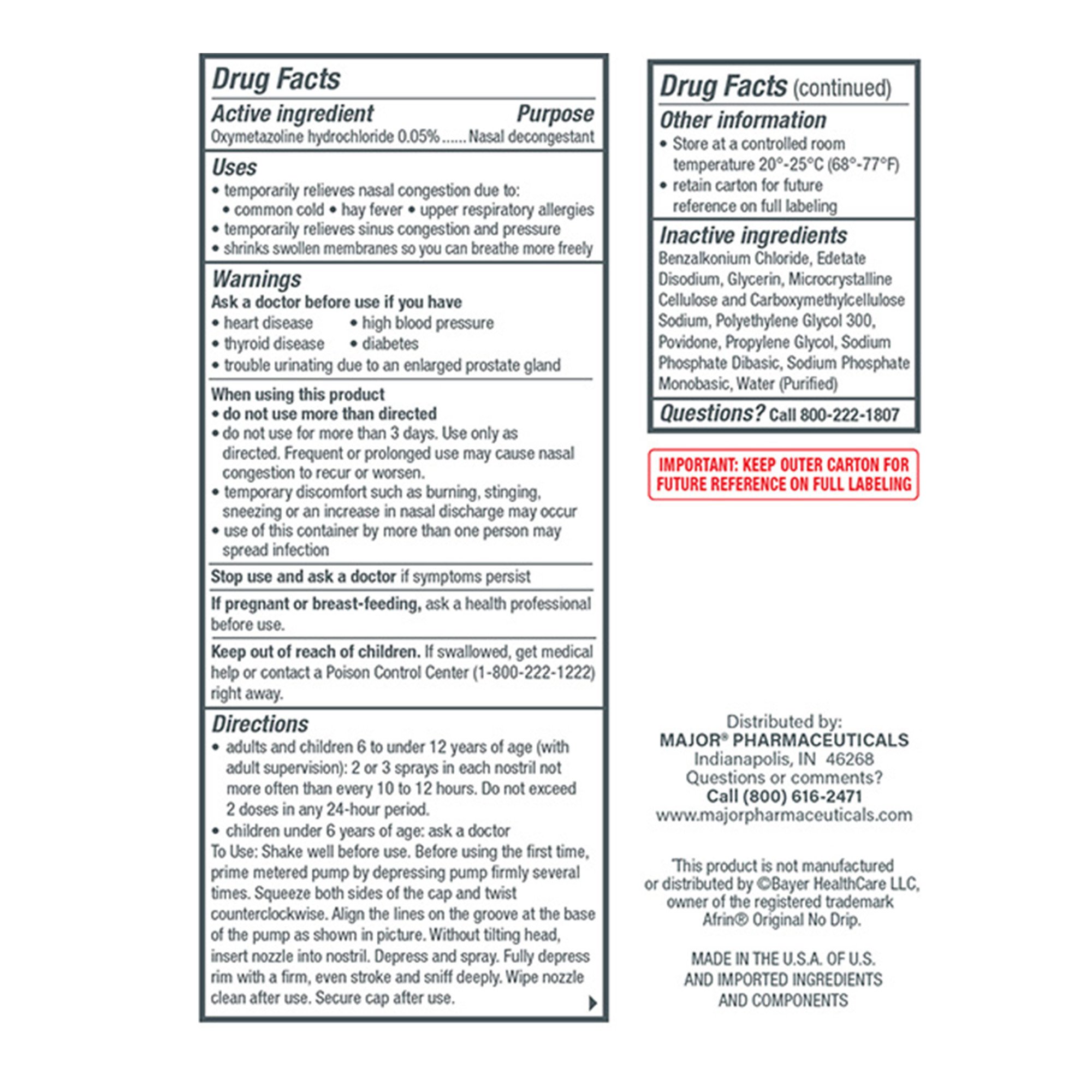 Major Pharmaceuticals 00904742730 - Major® 0.05% Oxymetazoline Nasal Decongestant Spray, 30 mL Bottle - 1/Each