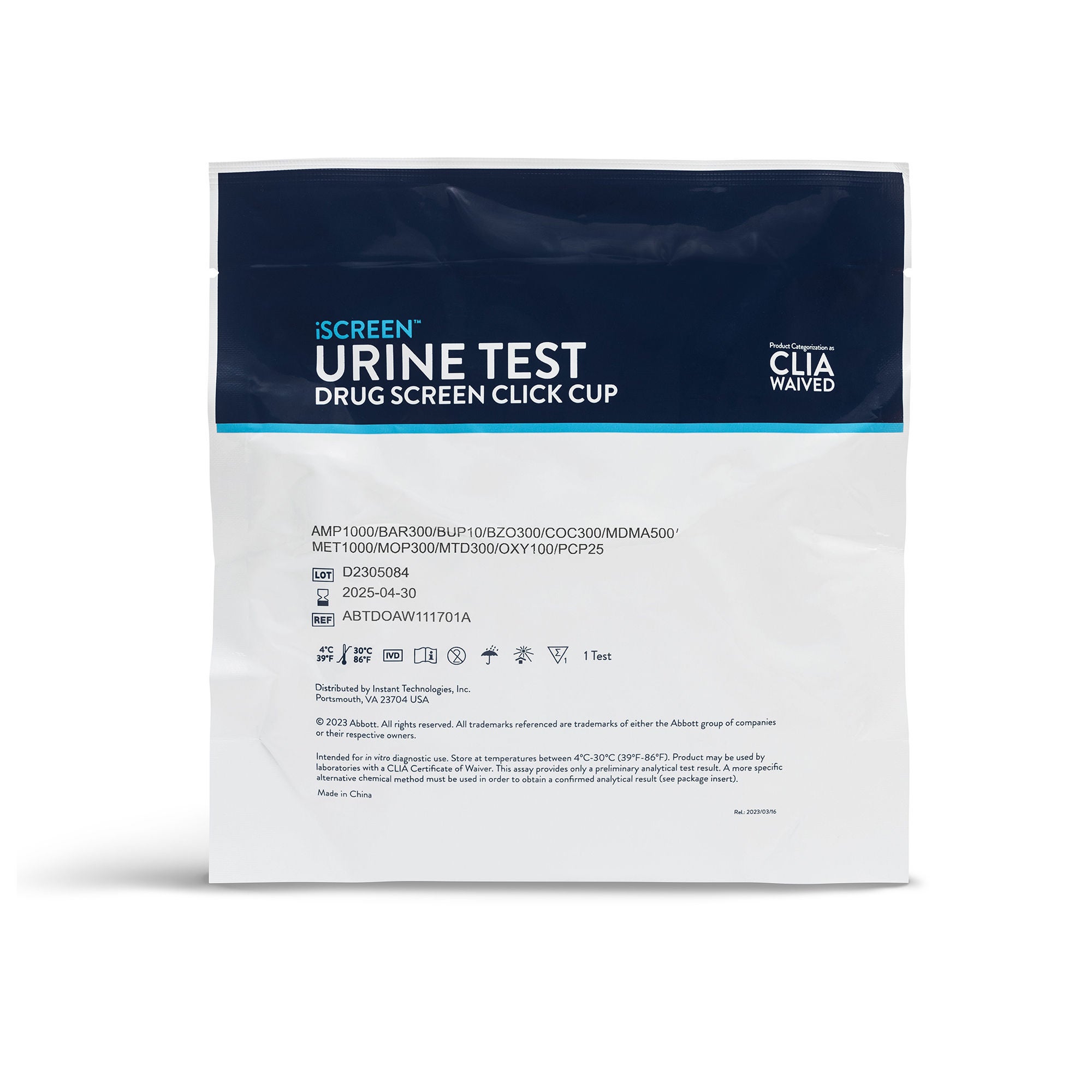Abbott Rapid Dx North America LLC - ABTDOAW110701A Drugs of Abuse Test Kit iScreen™ Click Cup AMP1000, BAR300, BZO300, COC300, mAMP/MET1000, MDMA500, MOP300, MTD300, OXY100, THC50 25 Tests CLIA Waived