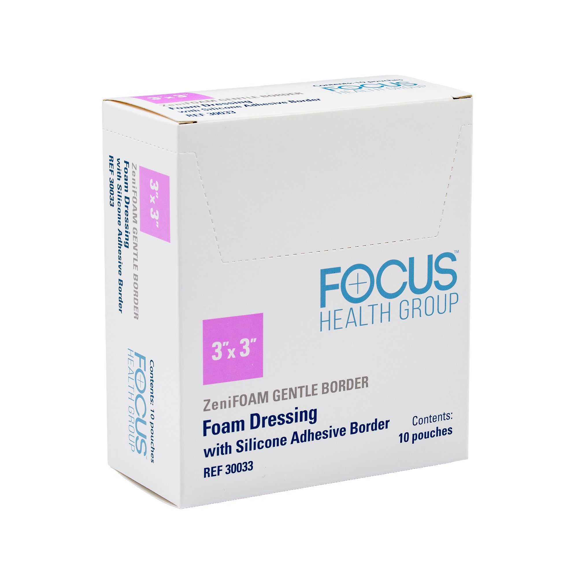Focus Health Group - 30033 Foam Dressing ZeniFOAM Gentle Border 3 X 3 Inch With Border Waterproof Backing Silicone Face and Border Square Sterile