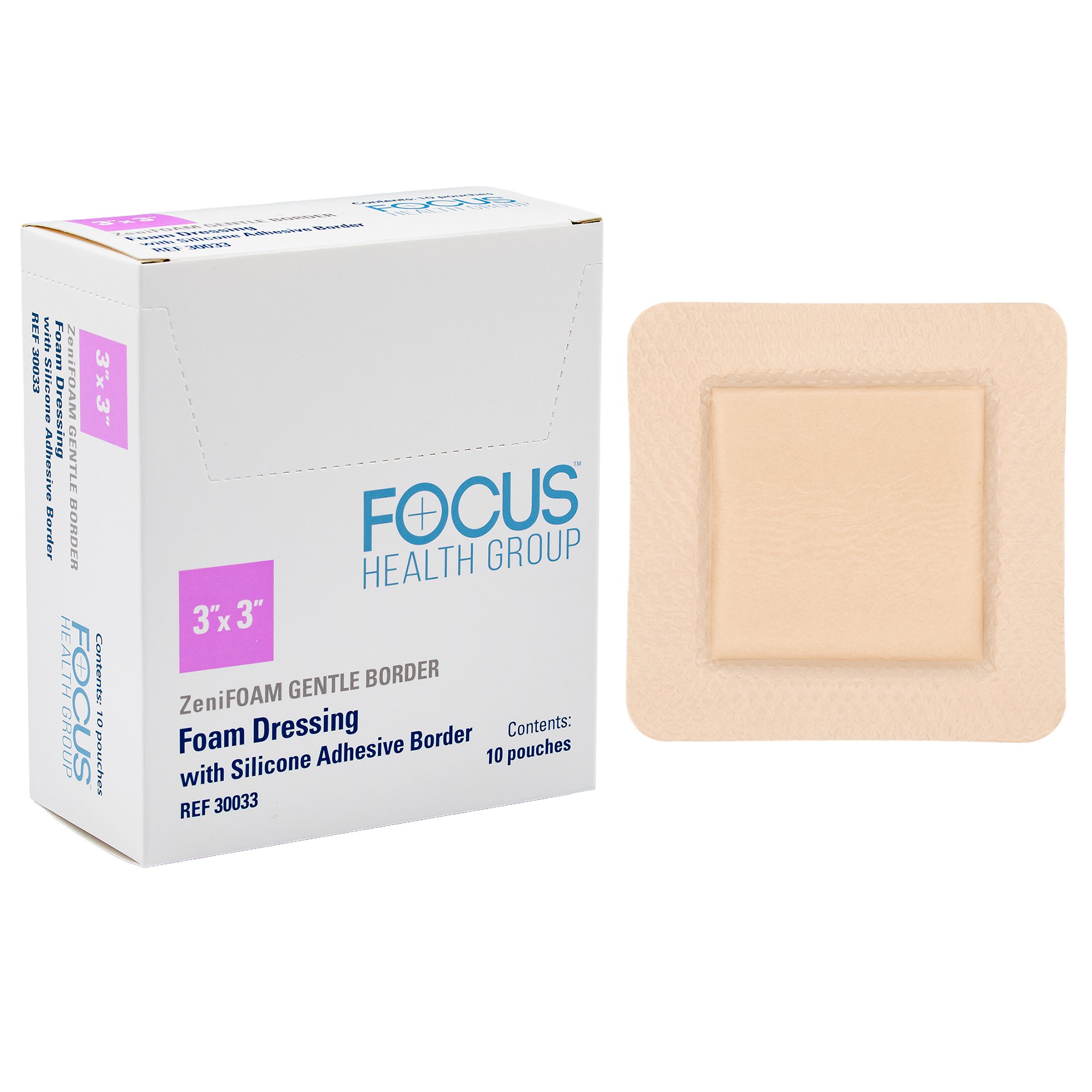 Focus Health Group - 30033 Foam Dressing ZeniFOAM Gentle Border 3 X 3 Inch With Border Waterproof Backing Silicone Face and Border Square Sterile