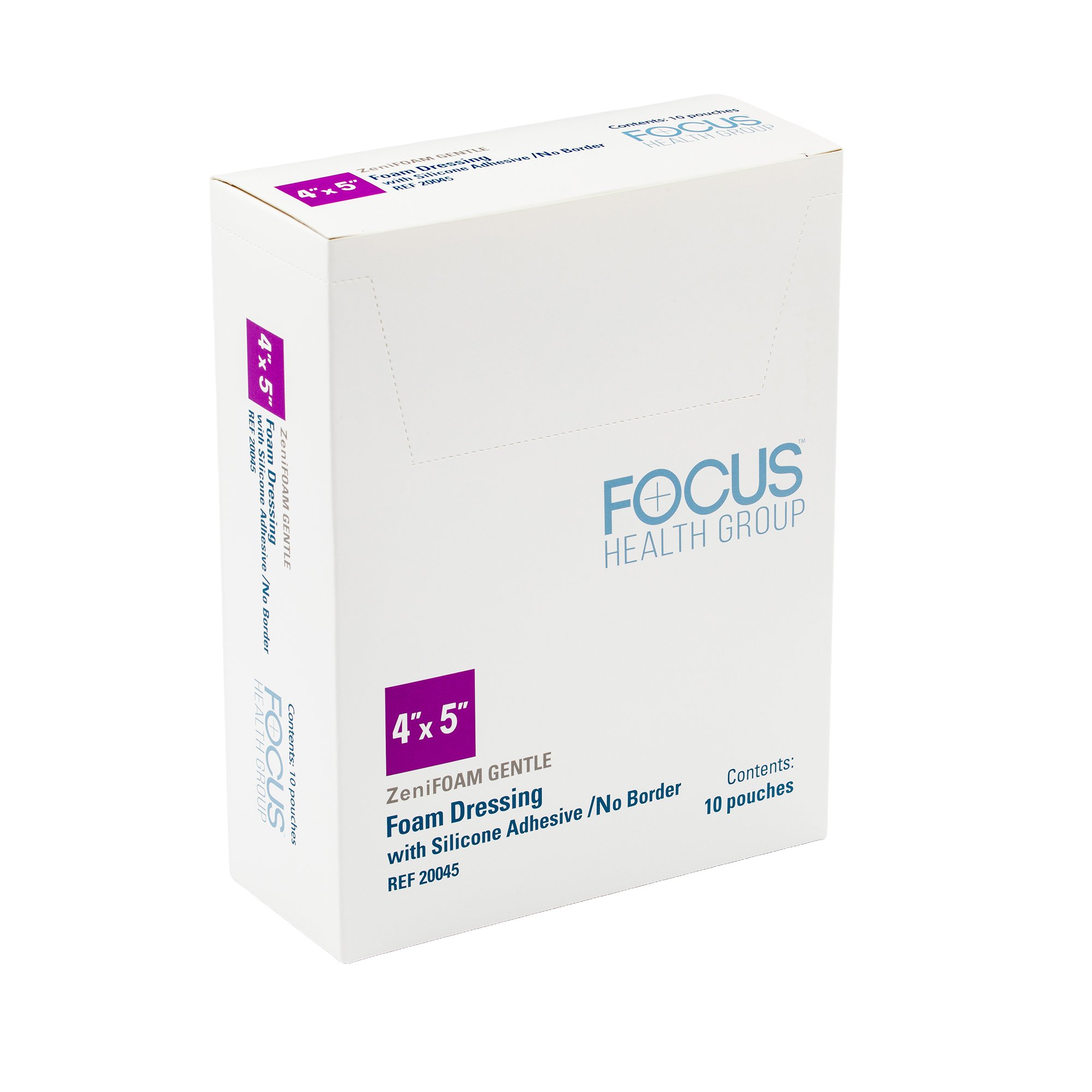 Focus Health Group - 20045 Foam Dressing ZeniFOAM Gentle 4 X 5 Inch Without Border Waterproof Backing Silicone Face Rectangle Sterile