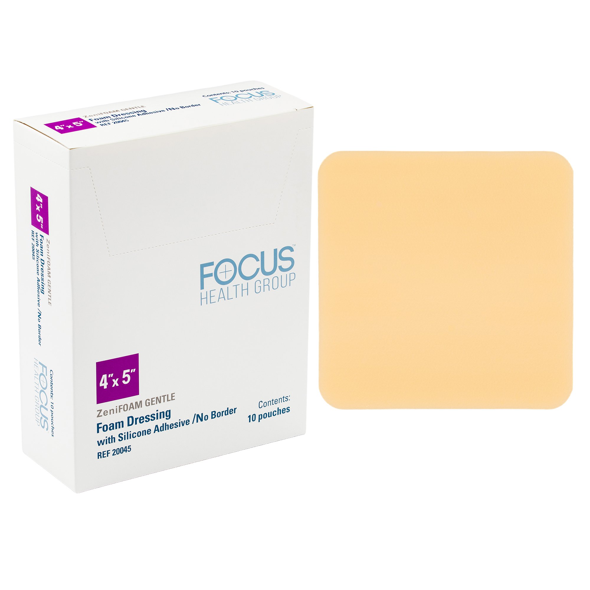 Focus Health Group - 20045 Foam Dressing ZeniFOAM Gentle 4 X 5 Inch Without Border Waterproof Backing Silicone Face Rectangle Sterile