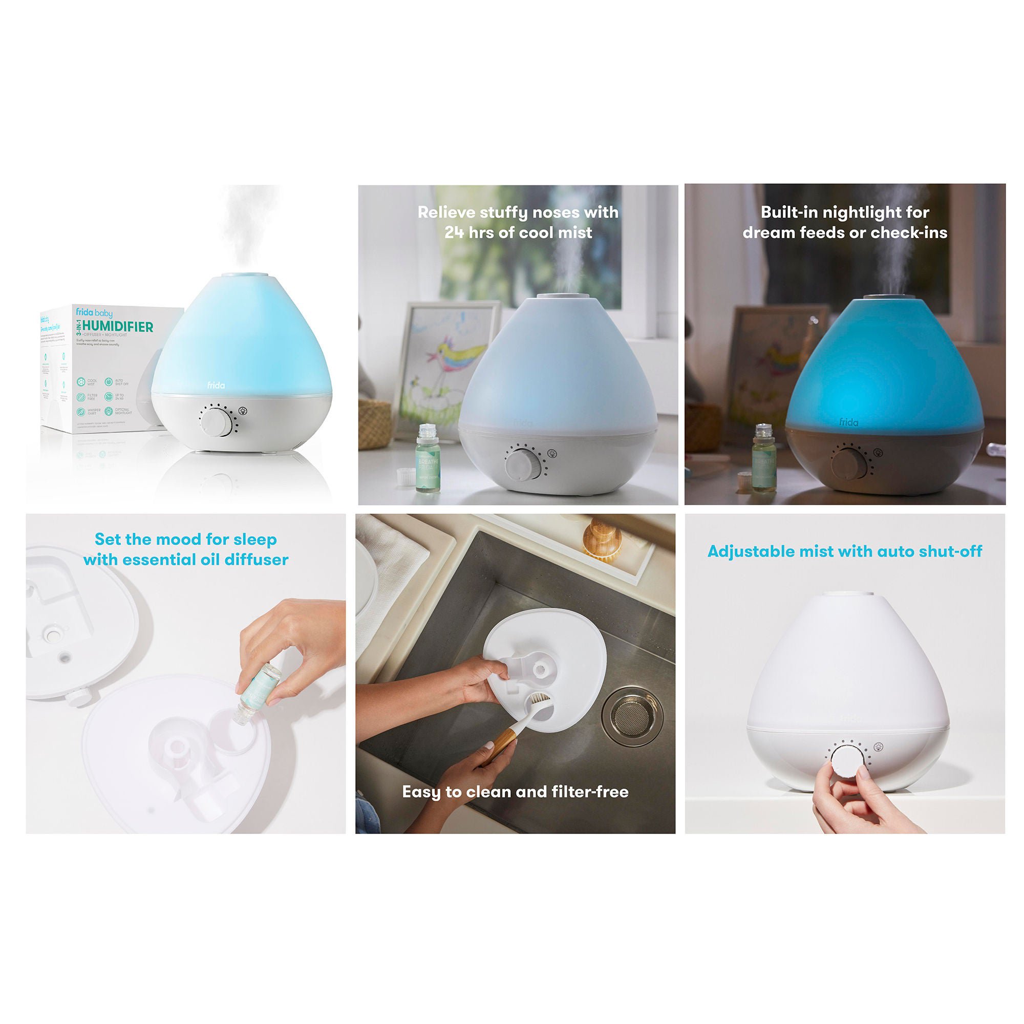 Fridababy LLC - 100000051 Humidifier with Deiffuser and Nightlight BreatheFrida 0.5 Gallon Tank Adult / Pediatric