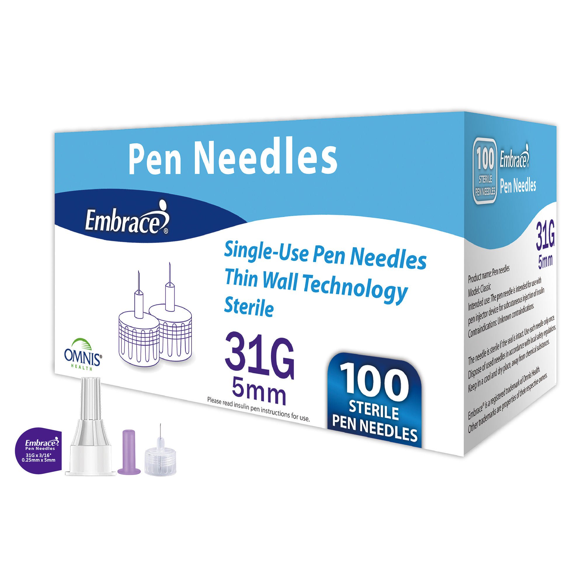 Omnis Health - SHN02MM31.05 Safety Insulin Pen Needle Embrace® 31 Gauge 5 mm Length Manual Safety