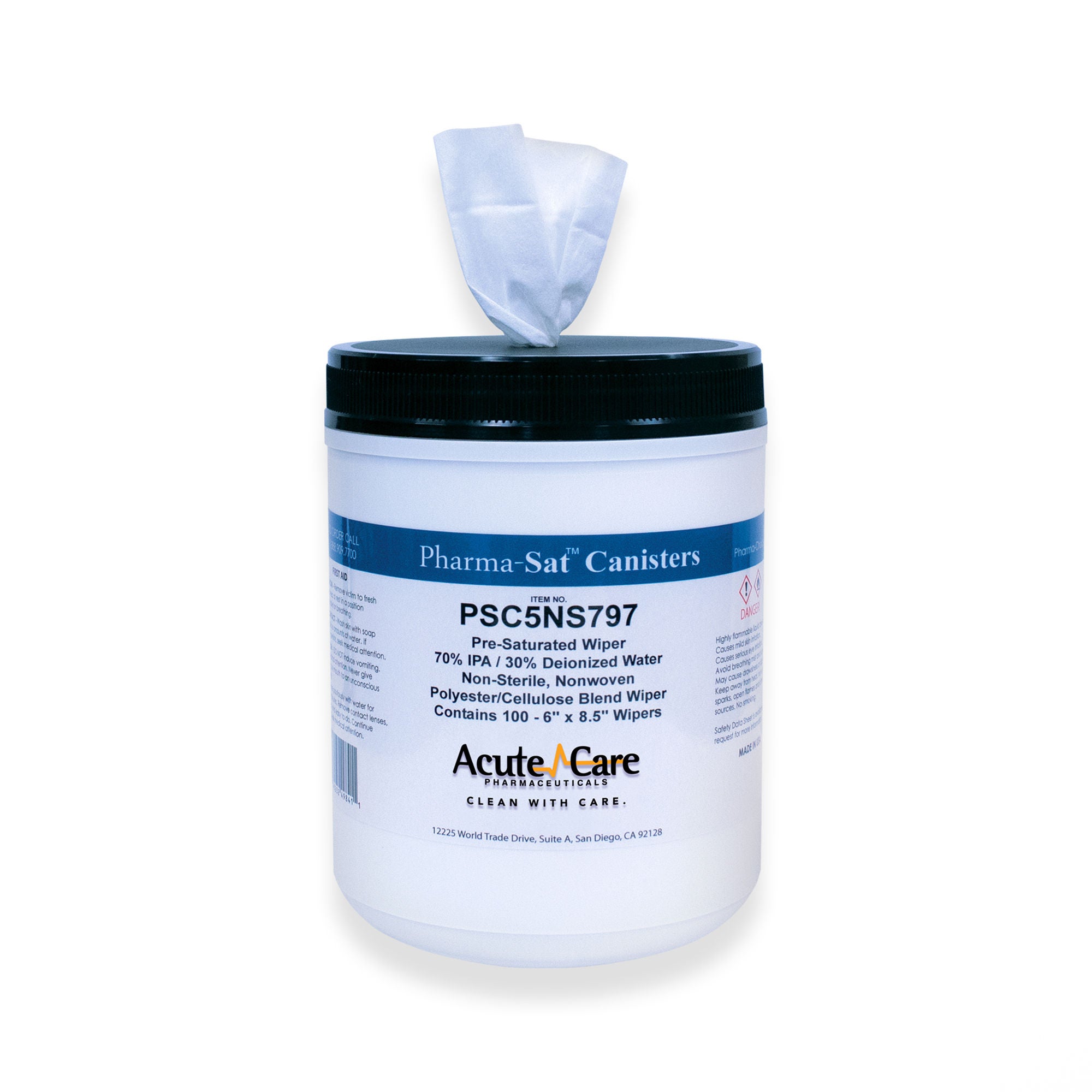 Acute Care Pharmaceuticals - PSC5NS797 Surface Disinfectant Cleaner Pharma-Sat Canisters™ Premoistened Cleanroom Manual Pull Wipe 100 Count Canister Alcohol Scent NonSterile