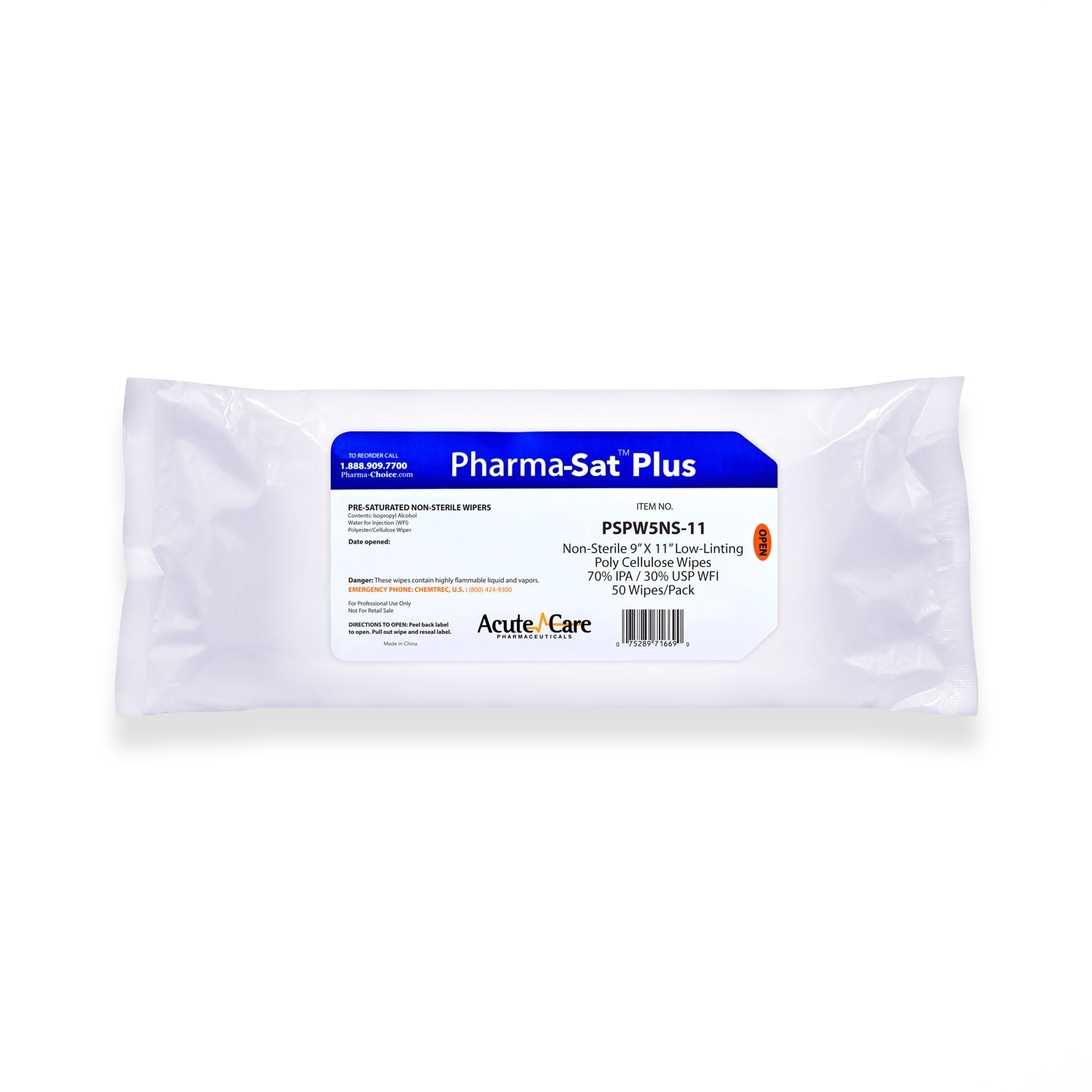 Acute Care Pharmaceuticals - PSPW5NS-11 Surface Disinfectant Cleaner Pharma-Sat Plus™ Premoistened Cleanroom Manual Pull Wipe 50 Count Soft Pack Alcohol Scent NonSterile