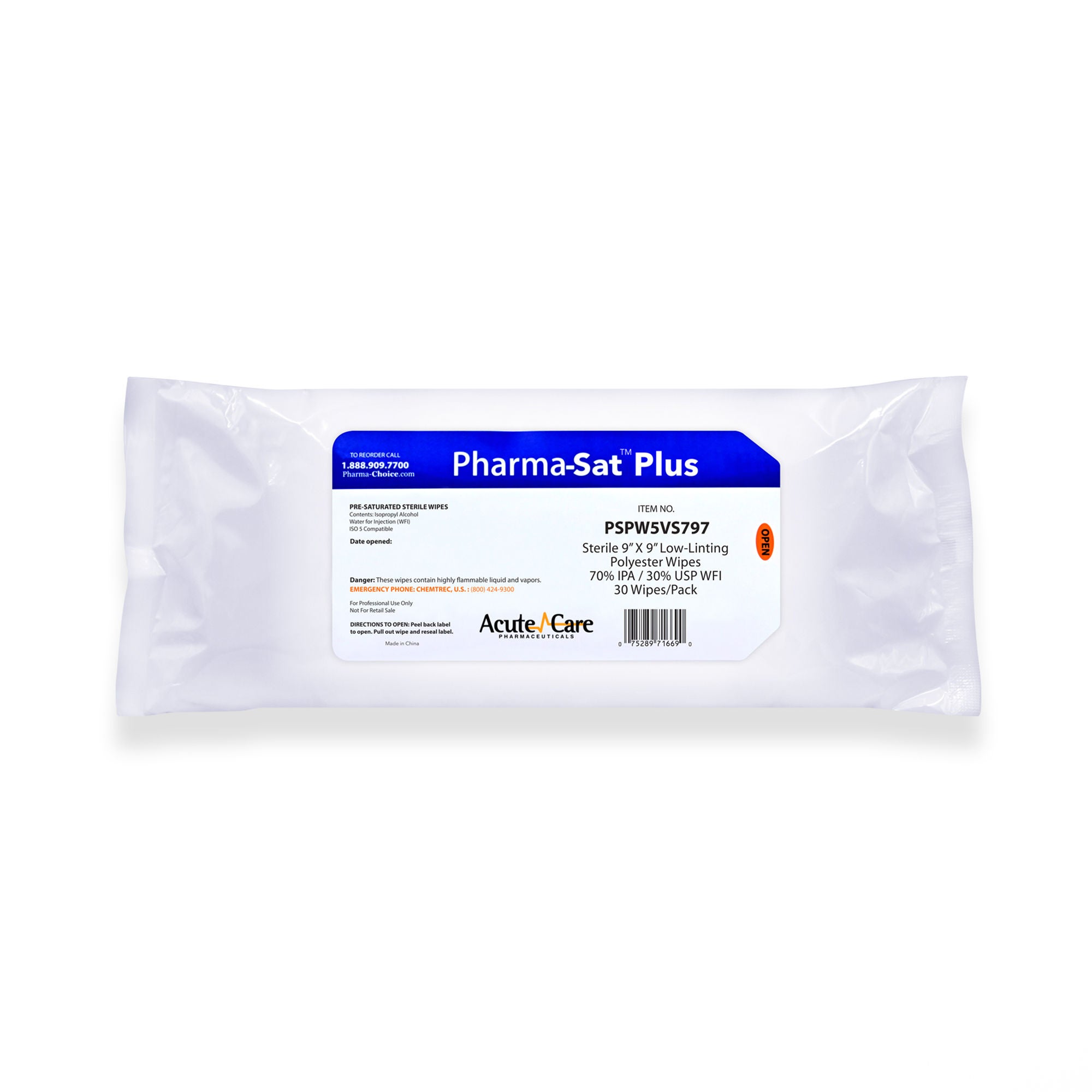 Acute Care Pharmaceuticals - PSPW5VS797 Surface Disinfectant Cleaner Pharma-Sat Plus™ Premoistened Cleanroom Manual Pull Wipe 30 Count Soft Pack Alcohol Scent Sterile