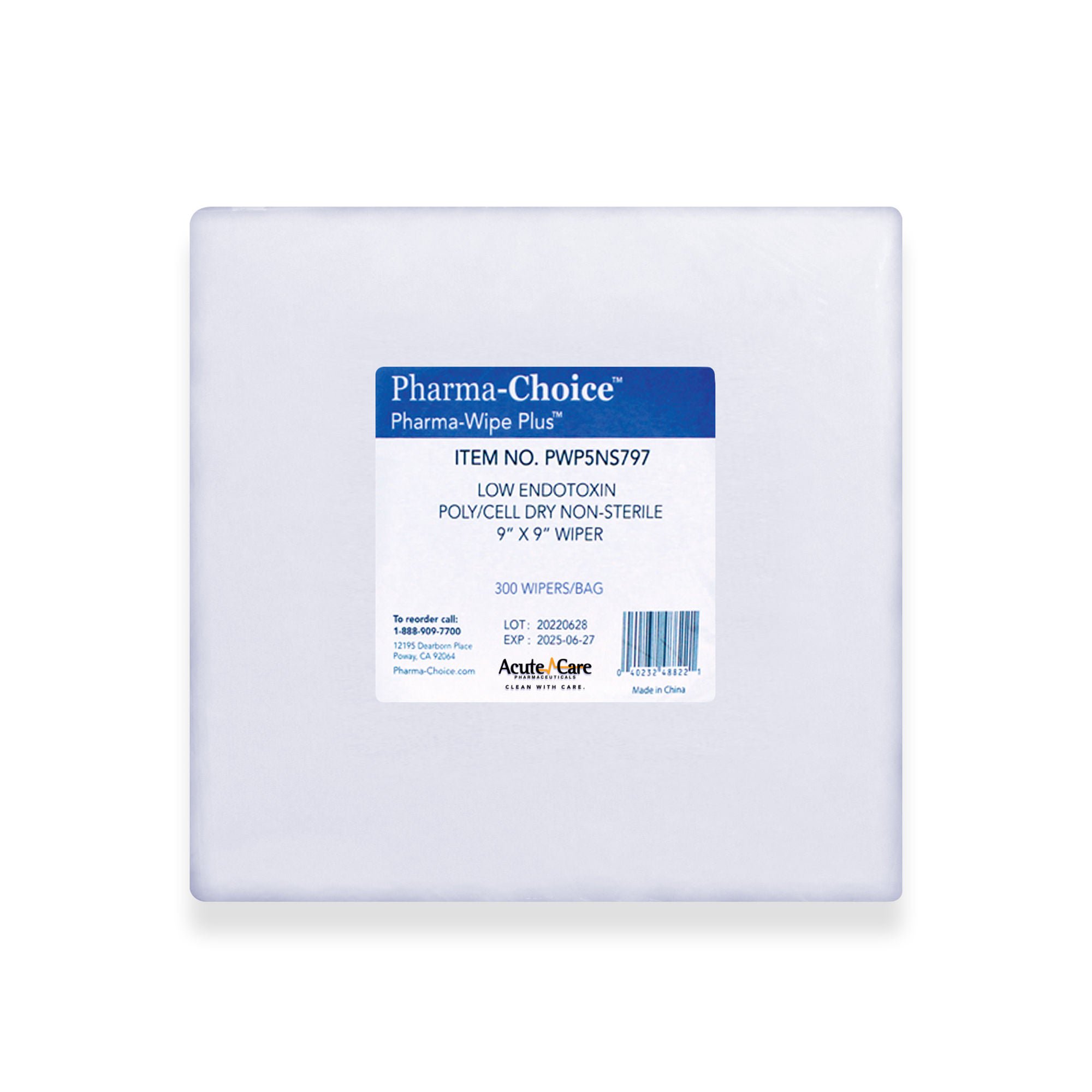 Acute Care Pharmaceuticals - PWP5NS797 Cleanroom Wipe Pharma-Wipe Plus™ 300 Count Bag 9 X 9 Inch NonSterile Disposable