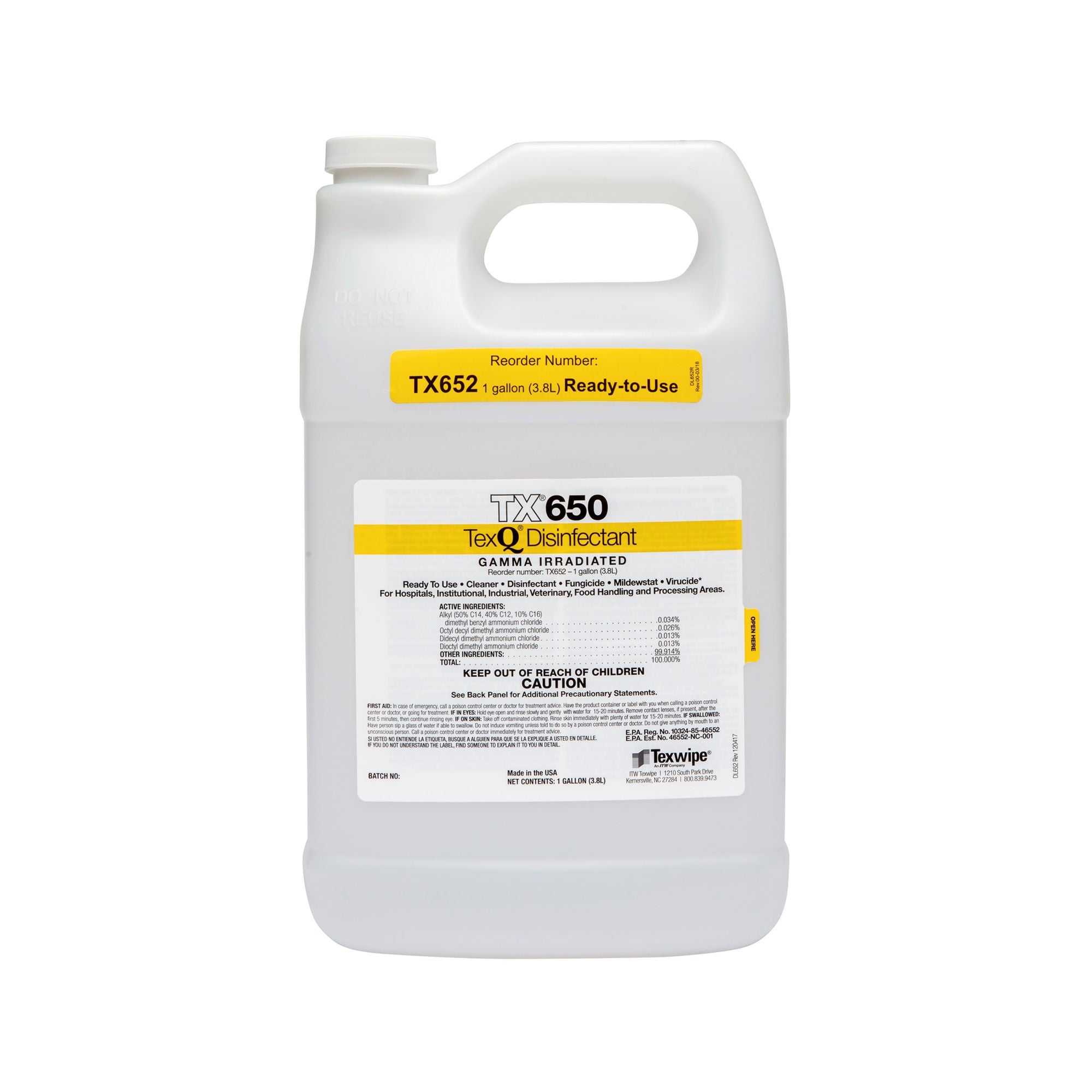 Acute Care Pharmaceuticals - TX652 Surface Disinfectant Cleaner TexQ® Broad Spectrum Manual Pour Liquid 1 gal. Jug Unscented Sterile