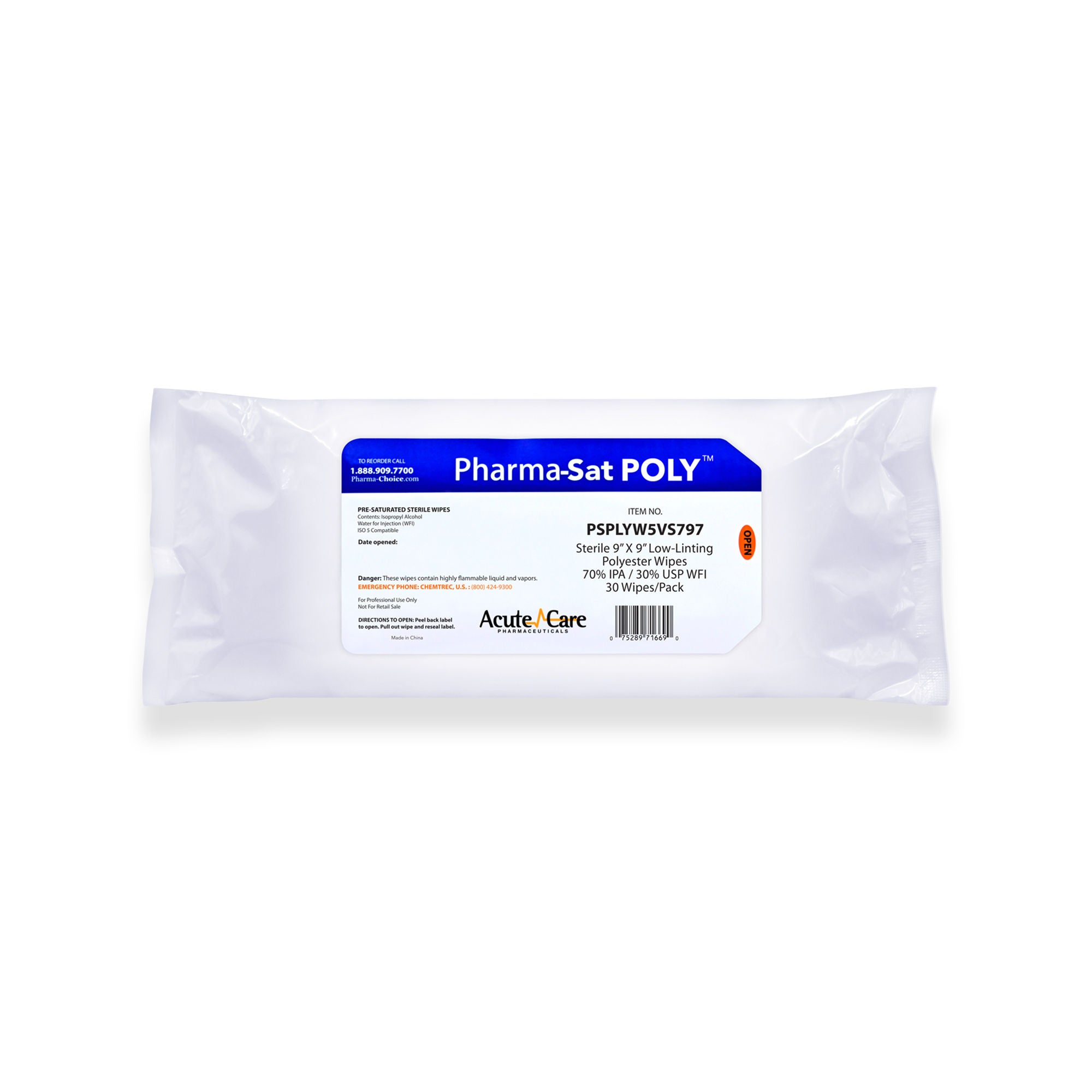 Acute Care Pharmaceuticals - PSPLYW5VS797 Surface Disinfectant Cleaner Pharma-Sat Poly™ Premoistened Cleanroom Manual Pull Wipe 30 Count Bag Alcohol Scent Sterile
