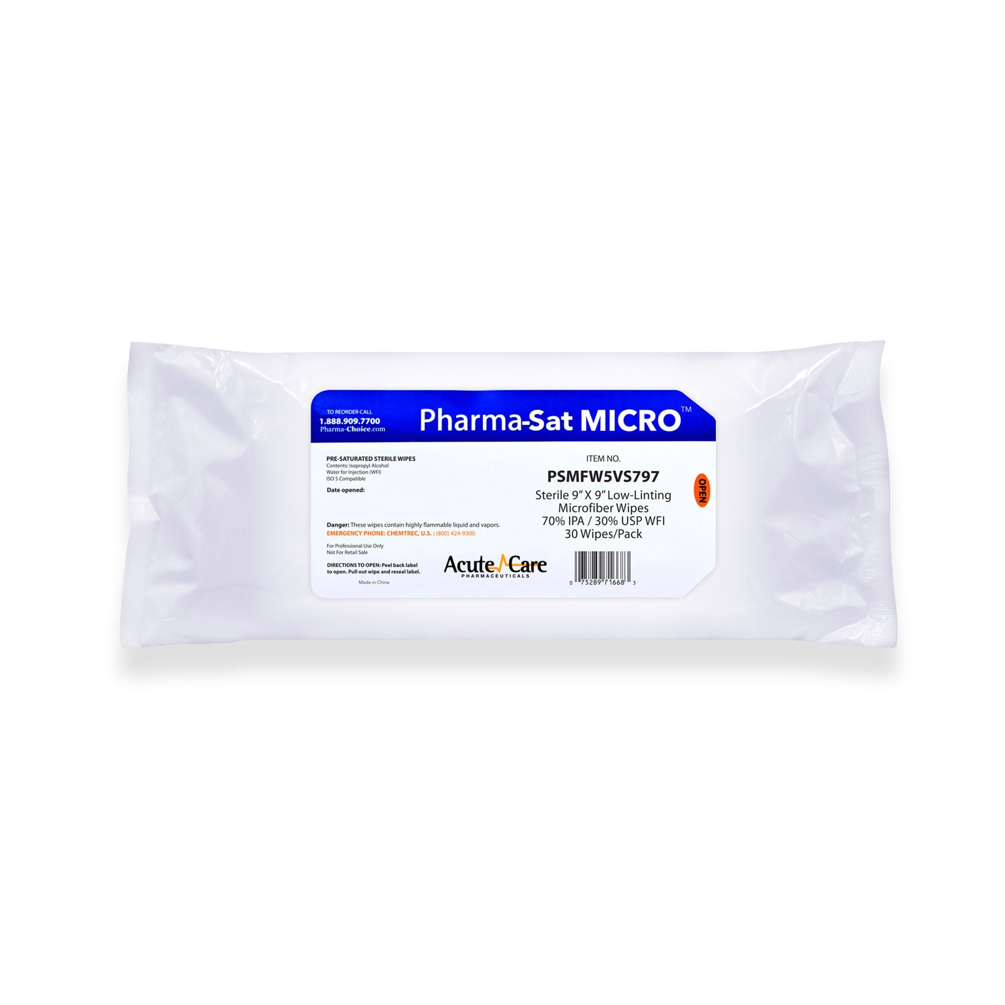 Acute Care Pharmaceuticals - PSMFW5VS797 Surface Disinfectant Cleaner Pharma-Sat Micro™ Premoistened Cleanroom Manual Pull Wipe 30 Count Bag Alcohol Scent Sterile