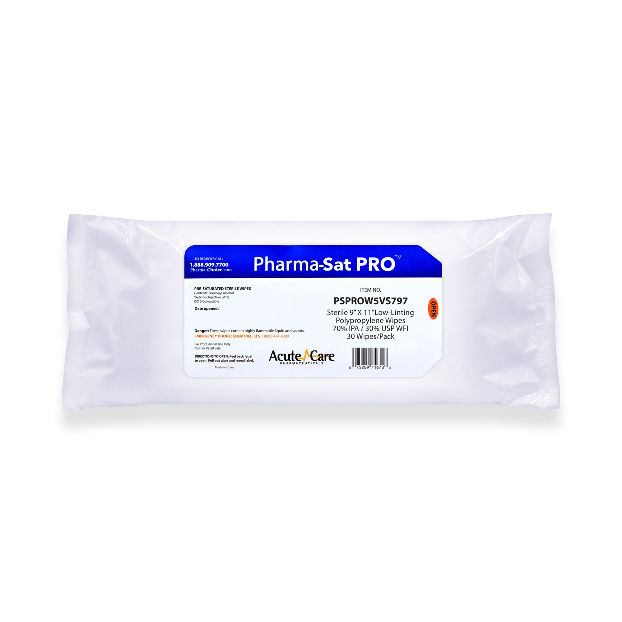 Acute Care Pharmaceuticals - PSPROW5VS797 Surface Disinfectant Cleaner Pharma-Sat Pro™ Premoistened Cleanroom Manual Pull Wipe 30 Count Bag Alcohol Scent Sterile