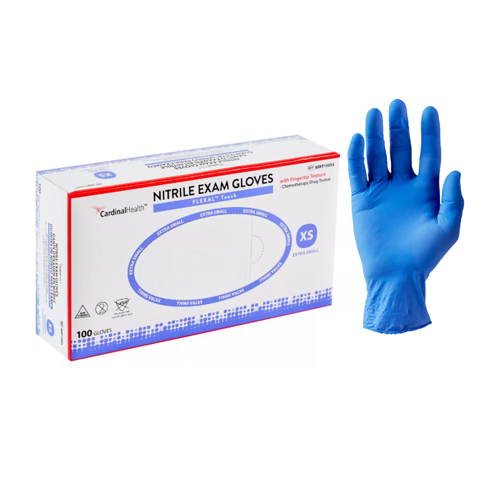 Cardinal - 88RT100XS Exam Glove FLEXAL™ Touch X-Small 100 per Box NonSterile Nitrile Standard Cuff Length Textured Fingertips Blue Chemo Tested
