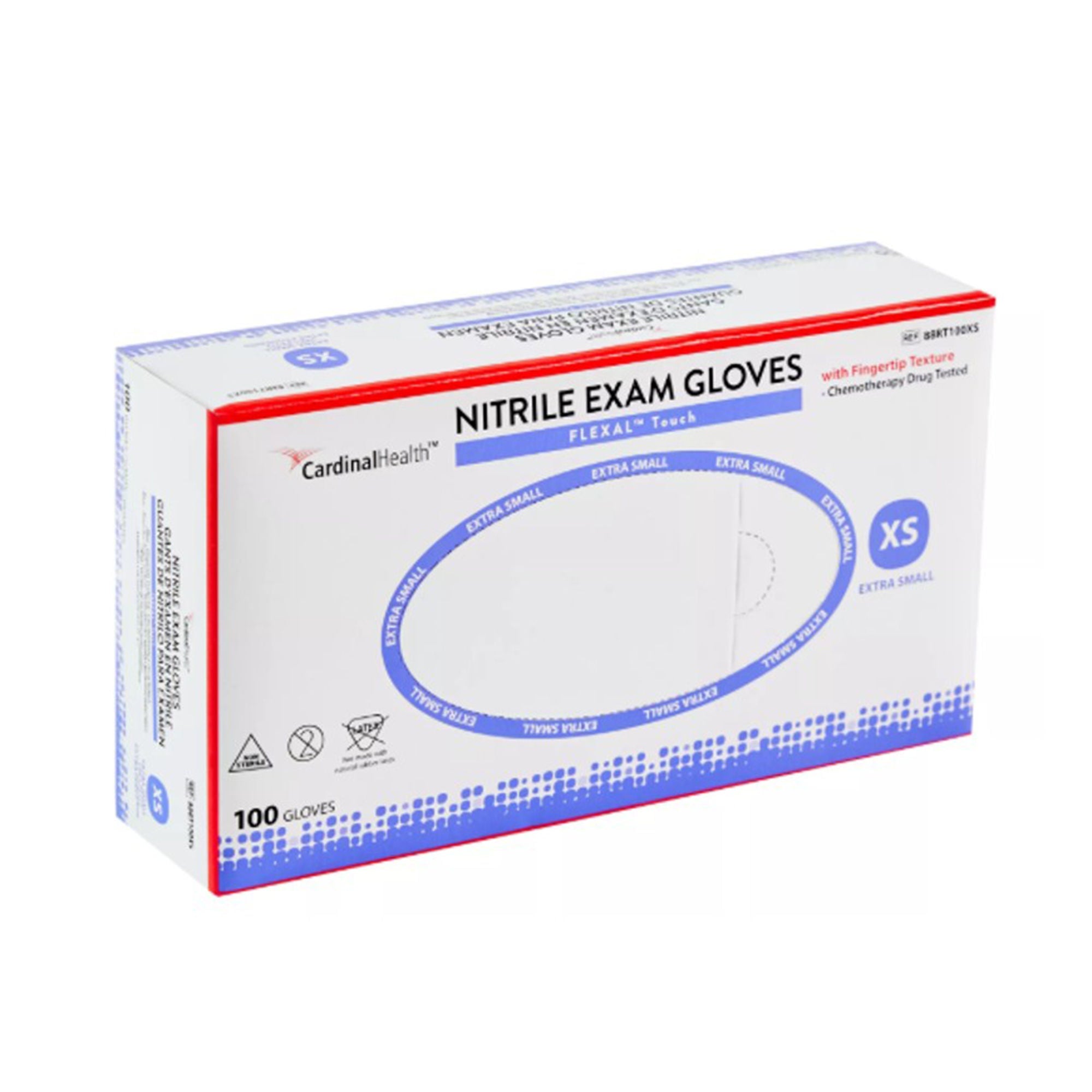 Cardinal - 88RT100XS Exam Glove FLEXAL™ Touch X-Small 100 per Box NonSterile Nitrile Standard Cuff Length Textured Fingertips Blue Chemo Tested