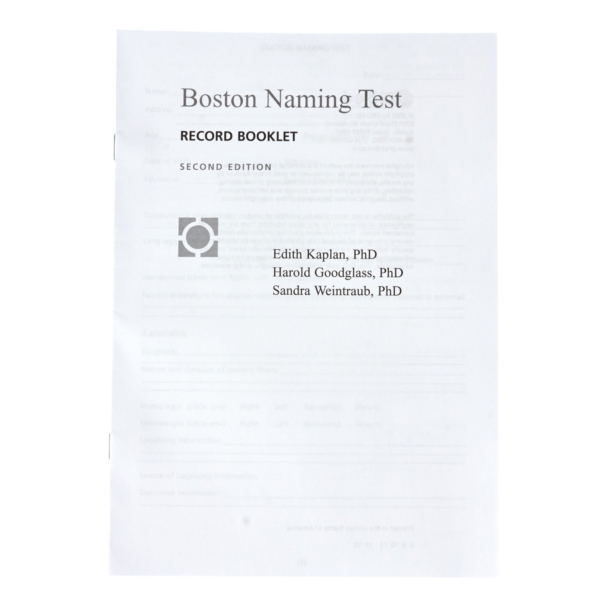 Alimed - 2970010693 Record Booklet Pro Ed The Boston Naming Test Harold Goodglass and Edith Kaplan