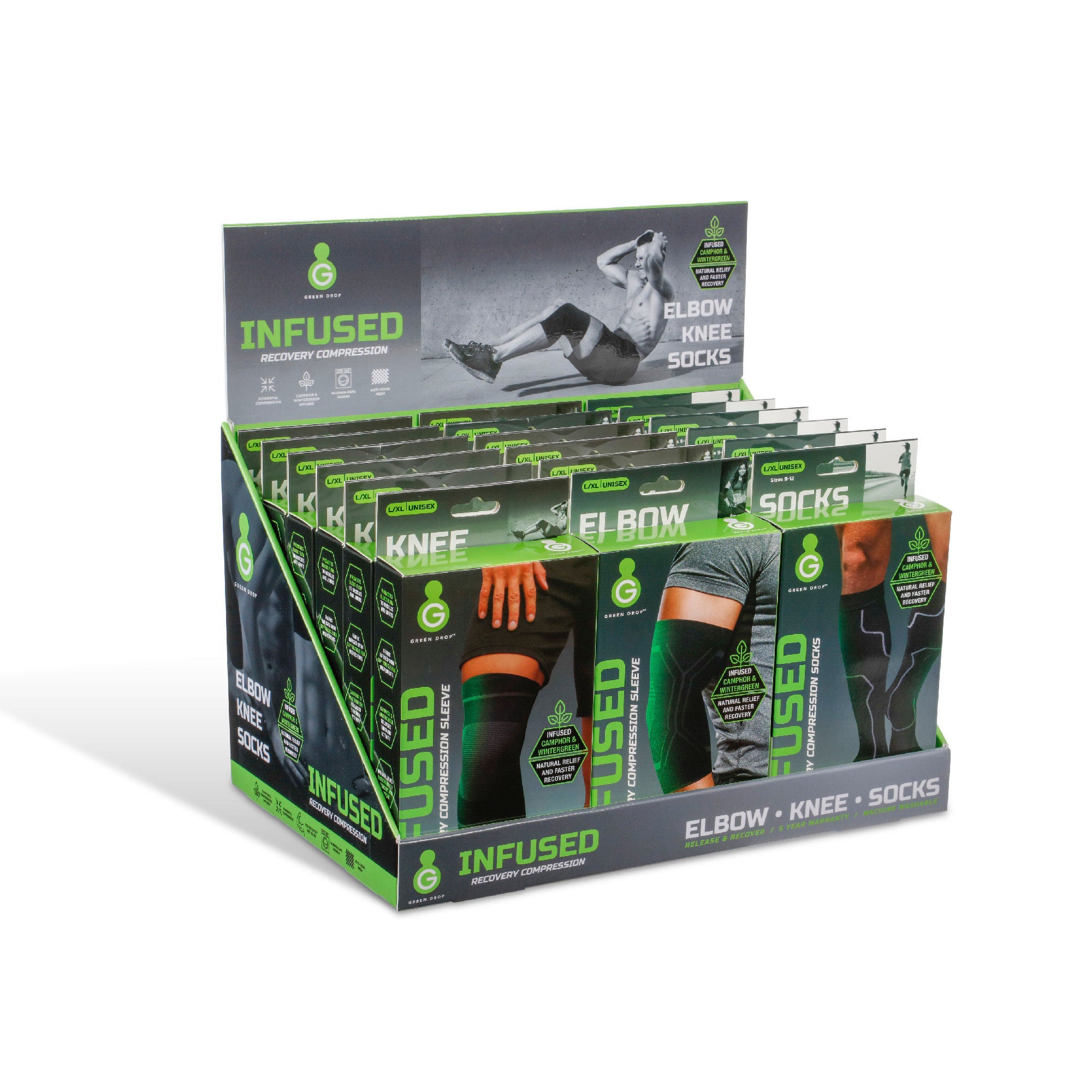 Green Drop Compression LLC - PDQSKE Compression Sleeves / Socks with Display Green Drop™ Small / Medium, Large / X-Large Black