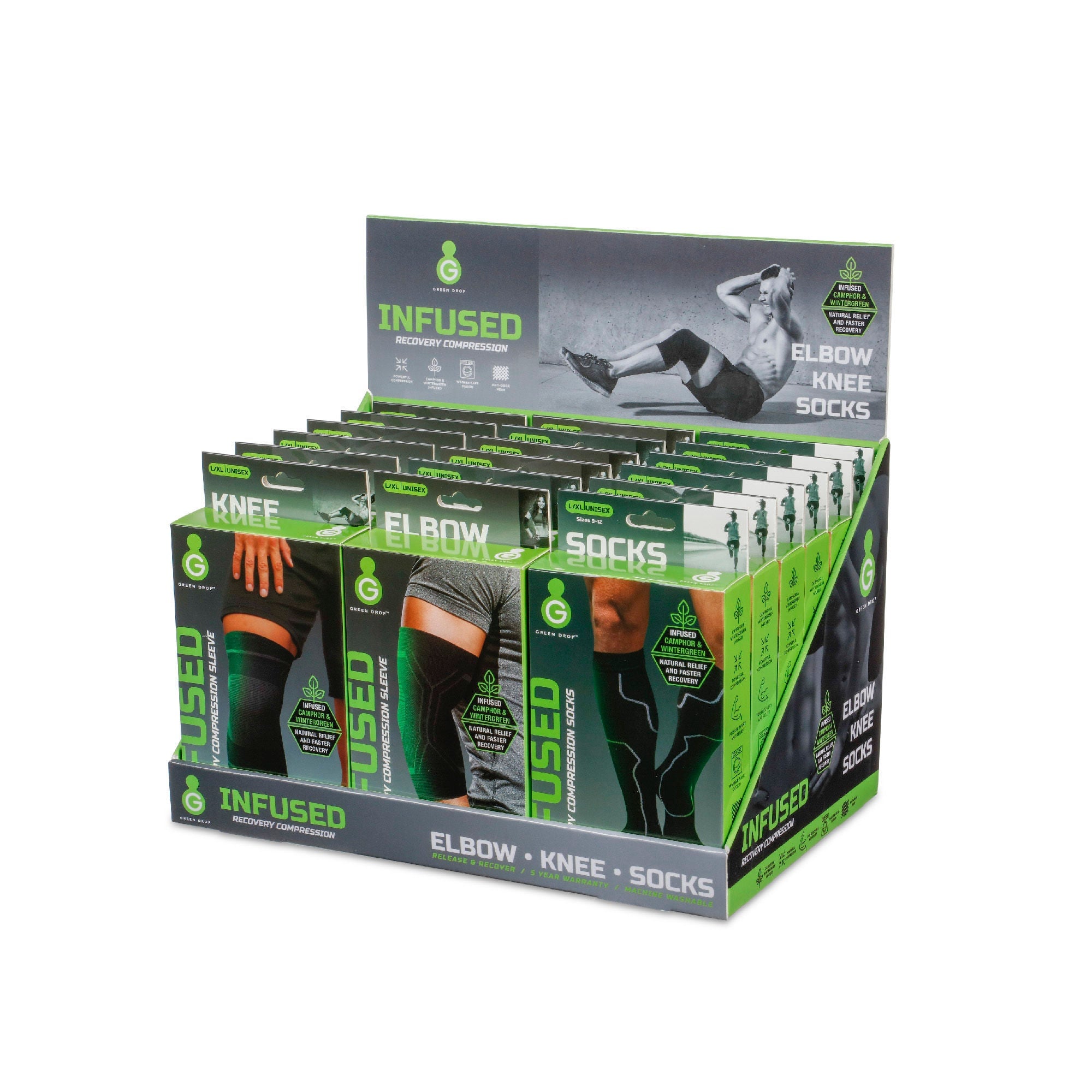 Green Drop Compression LLC - PDQSKE Compression Sleeves / Socks with Display Green Drop™ Small / Medium, Large / X-Large Black