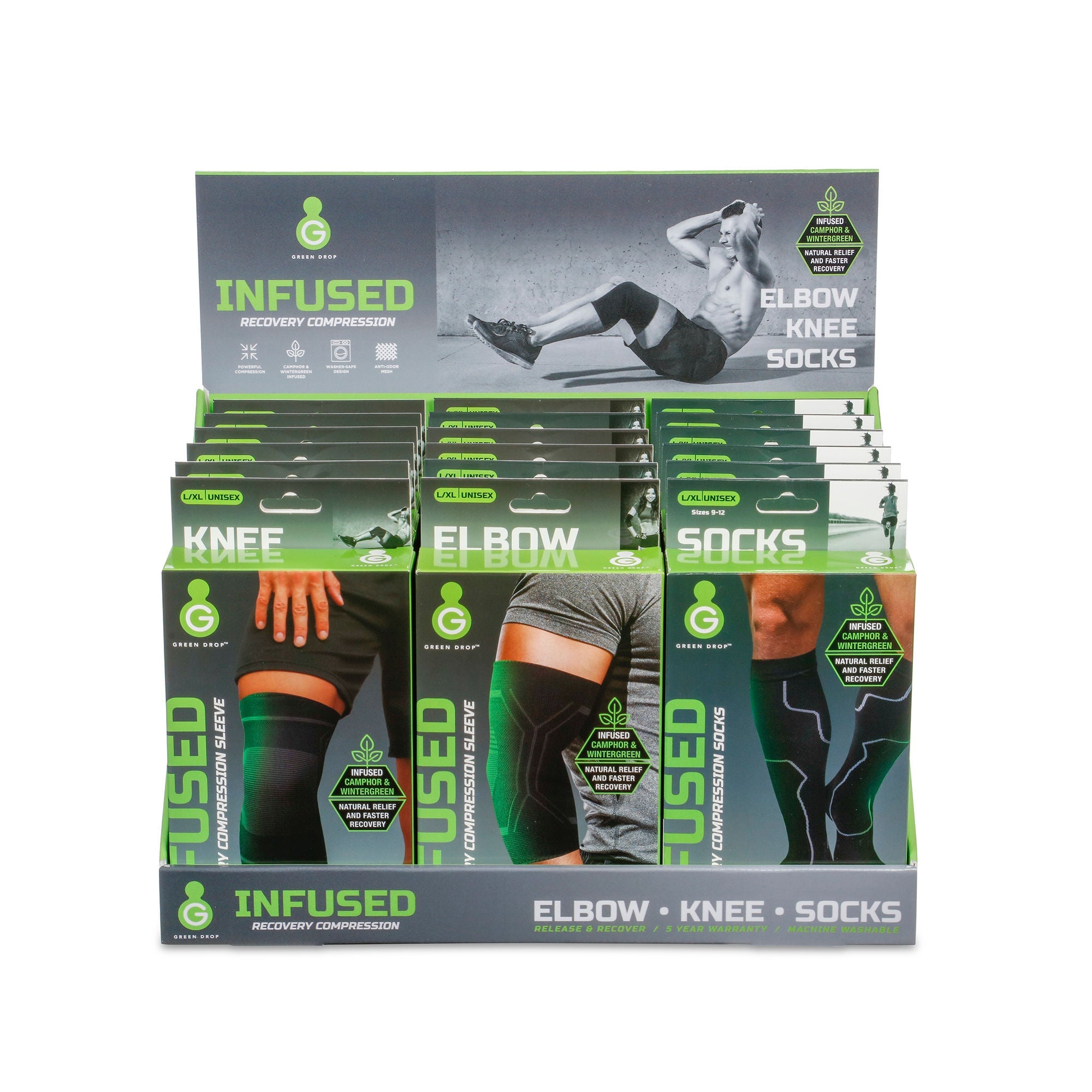 Green Drop Compression LLC - PDQSKE Compression Sleeves / Socks with Display Green Drop™ Small / Medium, Large / X-Large Black