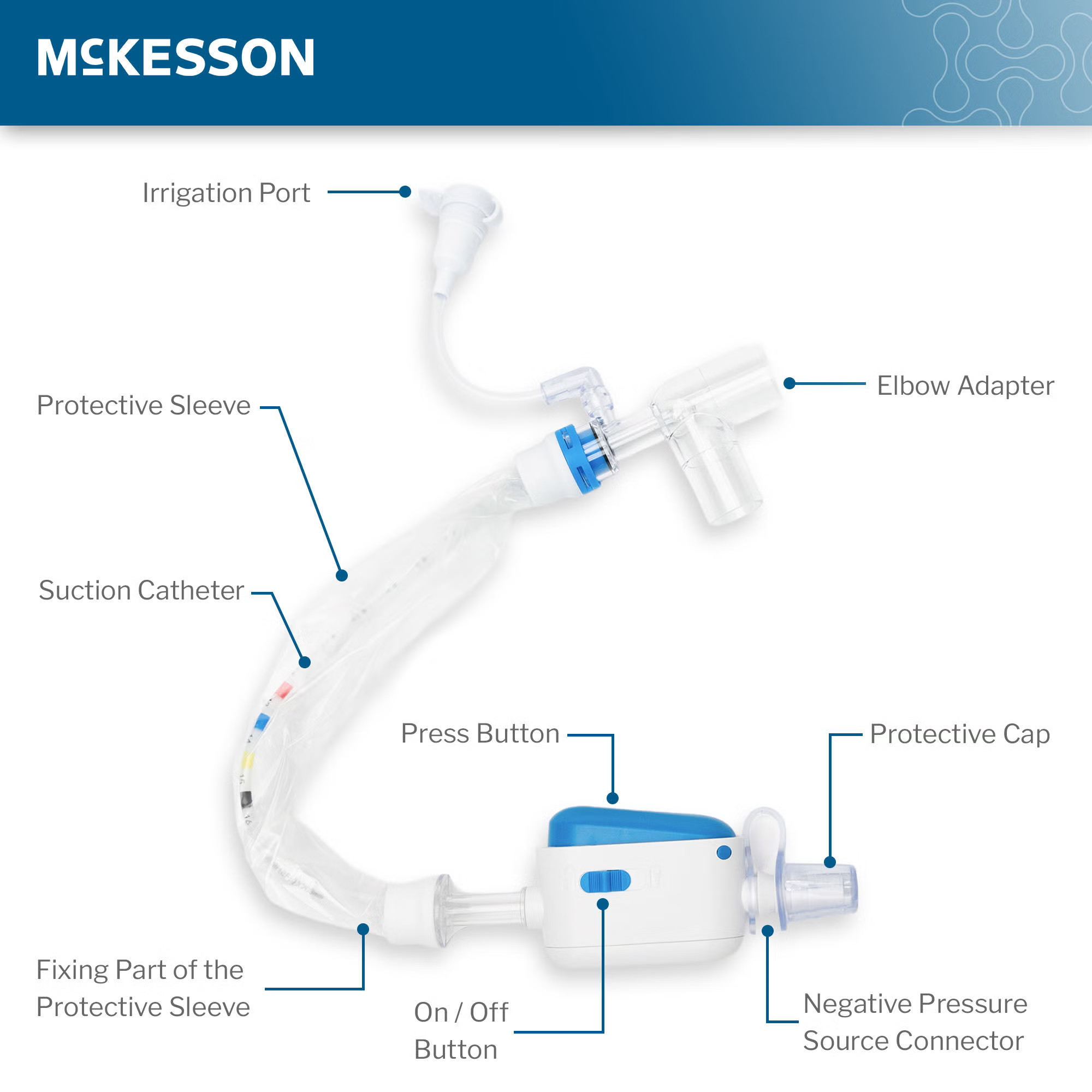 McKesson Brand - 16-TR8FR Closed Suction Catheter McKesson Tracheostomy Type Atraumatic Tip Elbow Style Thumb Valve Vent 8 Fr. Sterile