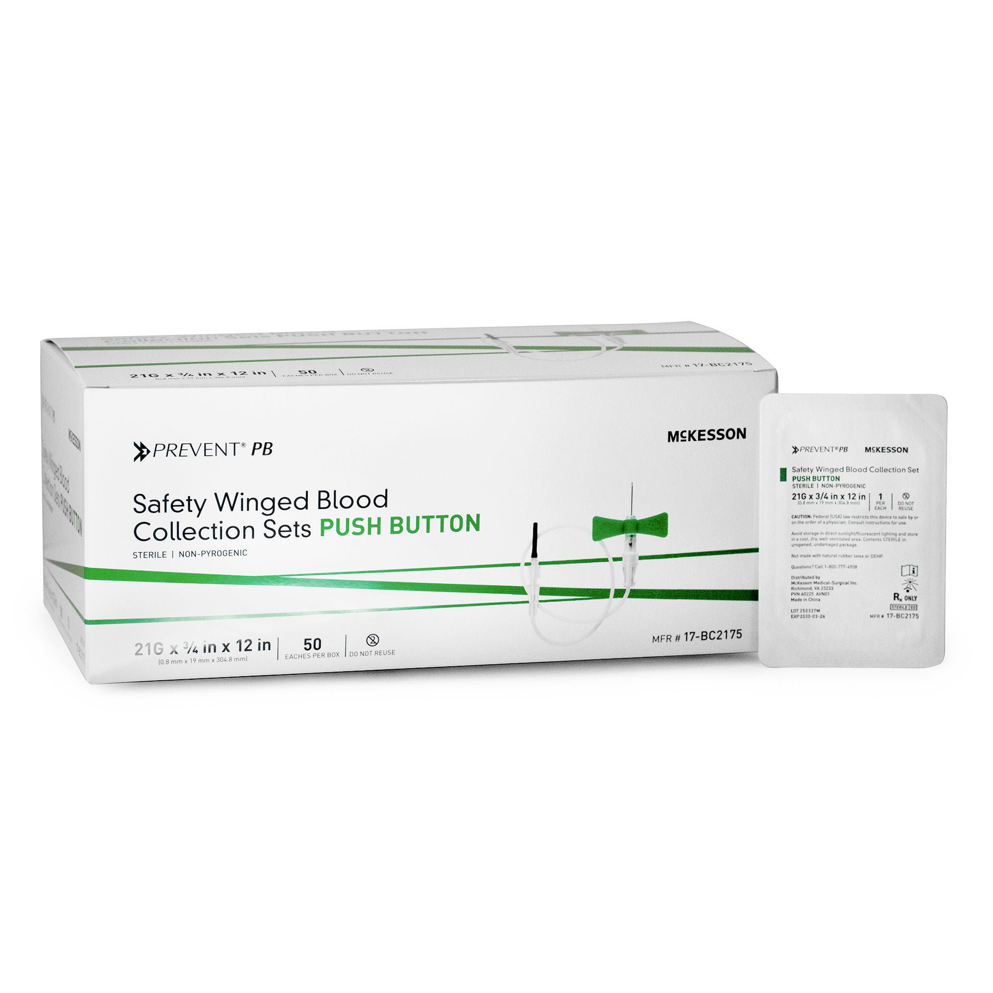McKesson Brand - 17-BC2175 McKesson Prevent® PB Blood Collection Set 21 Gauge 3/4 Inch Needle Length Safety Needle 12 Inch Tubing Sterile