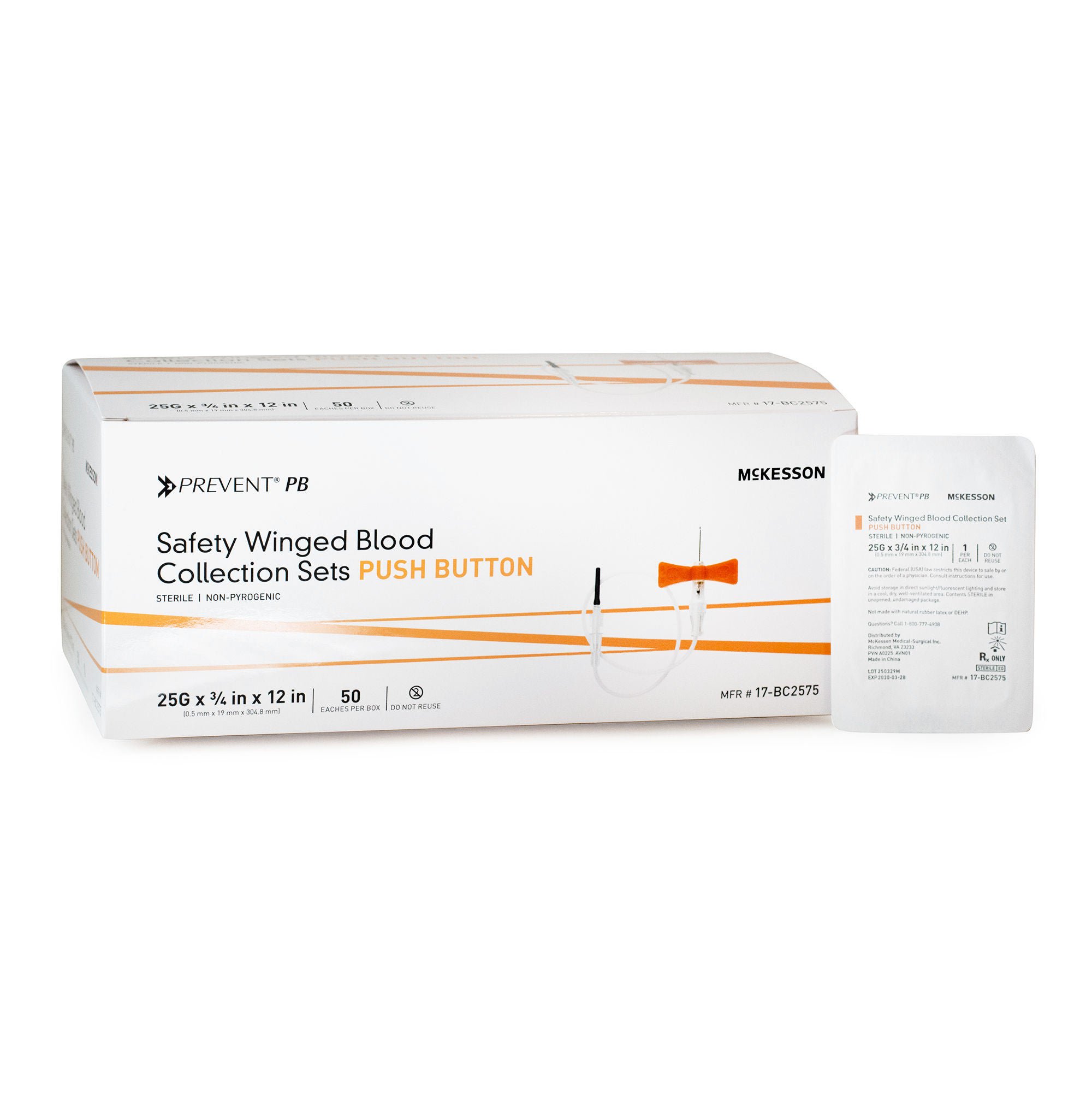 McKesson Brand - 17-BC2575 McKesson Prevent® PB Blood Collection Set 25 Gauge 3/4 Inch Needle Length Safety Needle 12 Inch Tubing Sterile