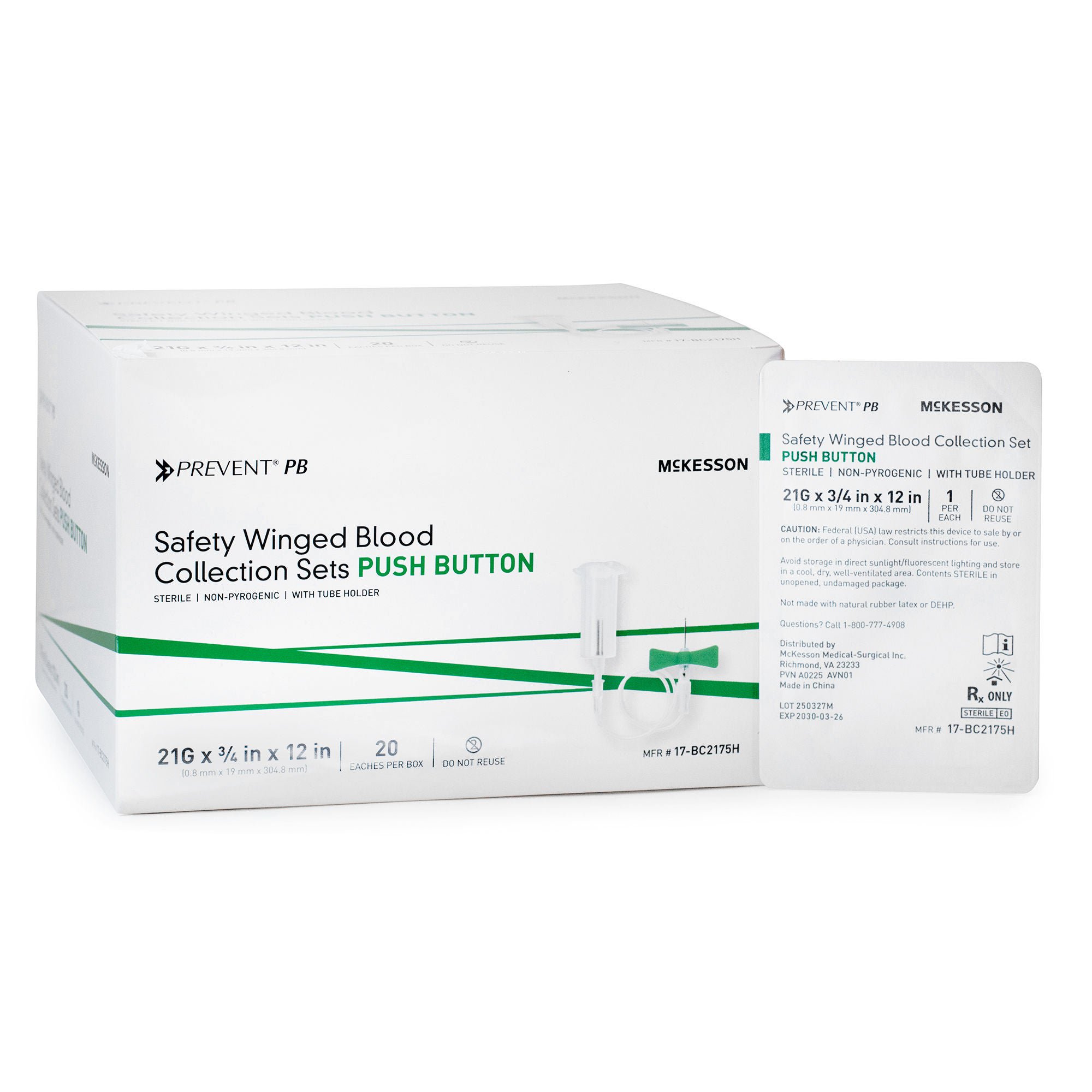 McKesson Brand - 17-BC2175H McKesson Prevent® PB Blood Collection Set with Holder 21 Gauge 3/4 Inch Needle Length Safety Needle 12 Inch Tubing Sterile