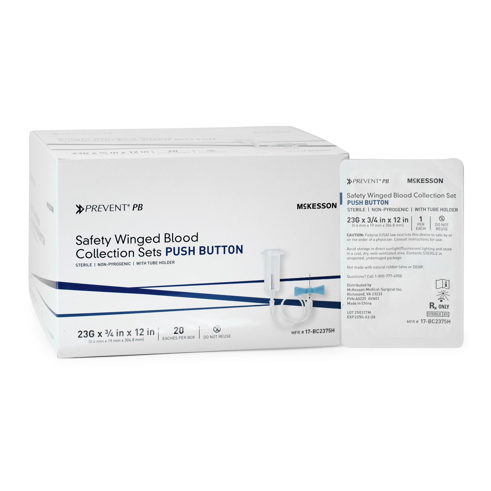 McKesson Brand - 17-BC2375H McKesson Prevent® PB Blood Collection Set with Holder 23 Gauge 3/4 Inch Needle Length Safety Needle 12 Inch Tubing Sterile
