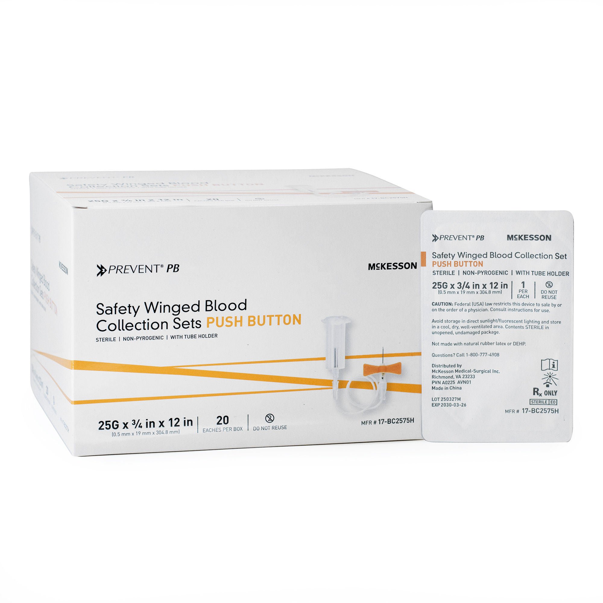 McKesson Brand - 17-BC2575H McKesson Prevent® PB Blood Collection Set with Holder 25 Gauge 3/4 Inch Needle Length Safety Needle 12 Inch Tubing Sterile