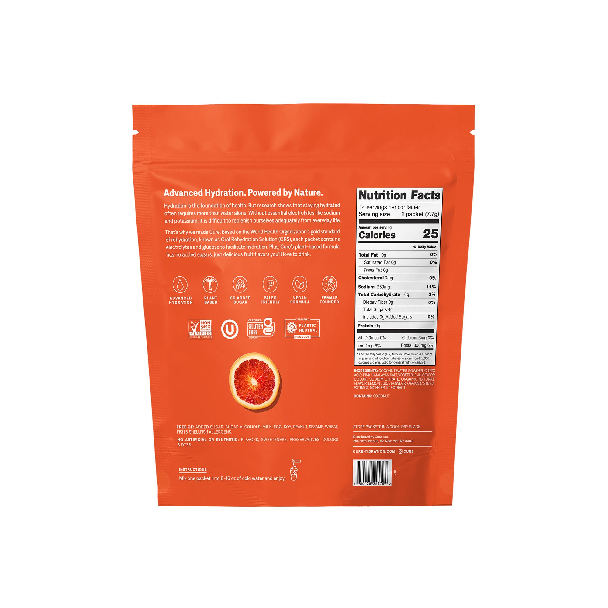 Cure Hydration HM1010 - Cure Electrolyte Drink Mix, Blood Orange, 7.7-gram Packets - 14/Pack, 168/Case