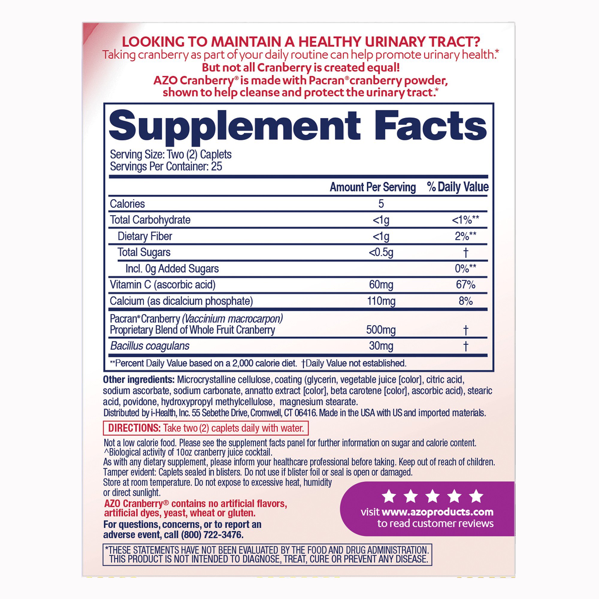 i-Health Inc 787651420677 - AZO® Cranberry Caplets, Cranberry Powder with a Probiotic + Vitamin C - 1/Box, 24/Case