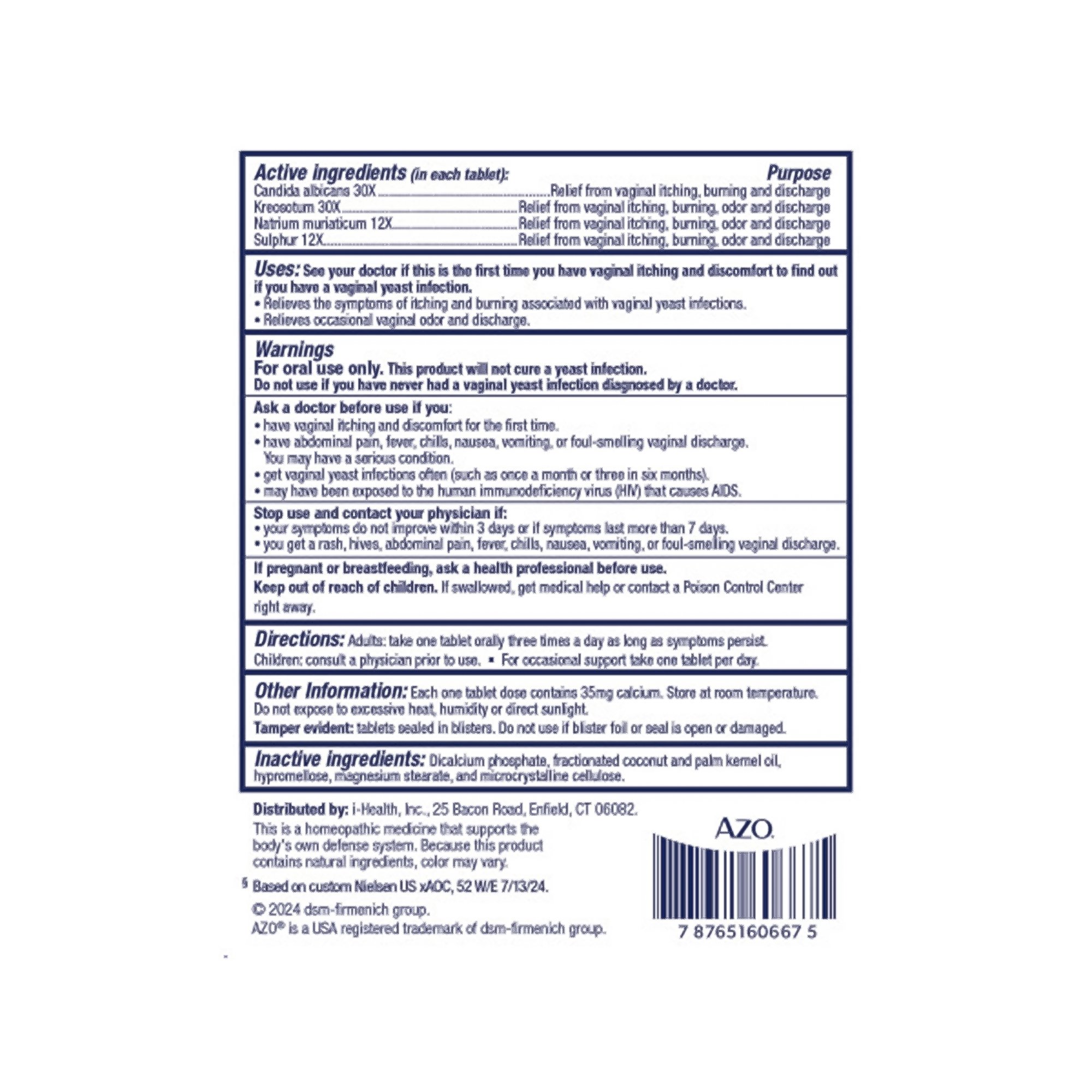 i-Health Inc 787651606675 - AZO® Yeast Plus Dual Relief for Yeast Infection Itching and Burning - 1/Box, 24/Case