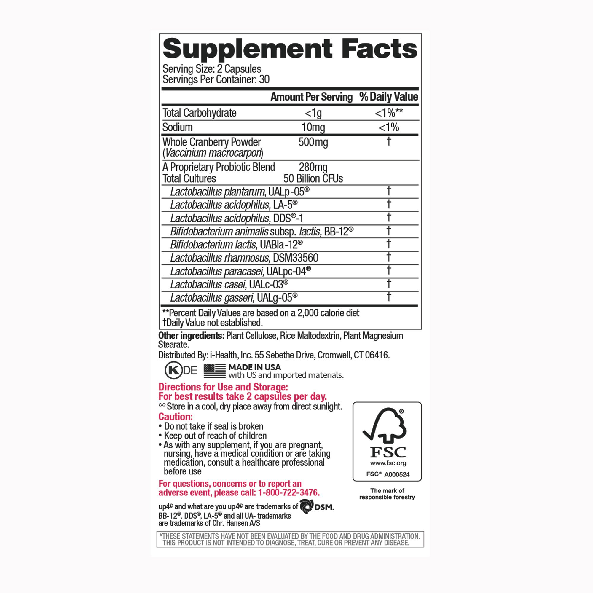 i-Health Inc 725334011347 - up4® Probiotics Women's Urinary Tract + Vaginal + Digestive + Immune Support - 1/Box, 24/Case