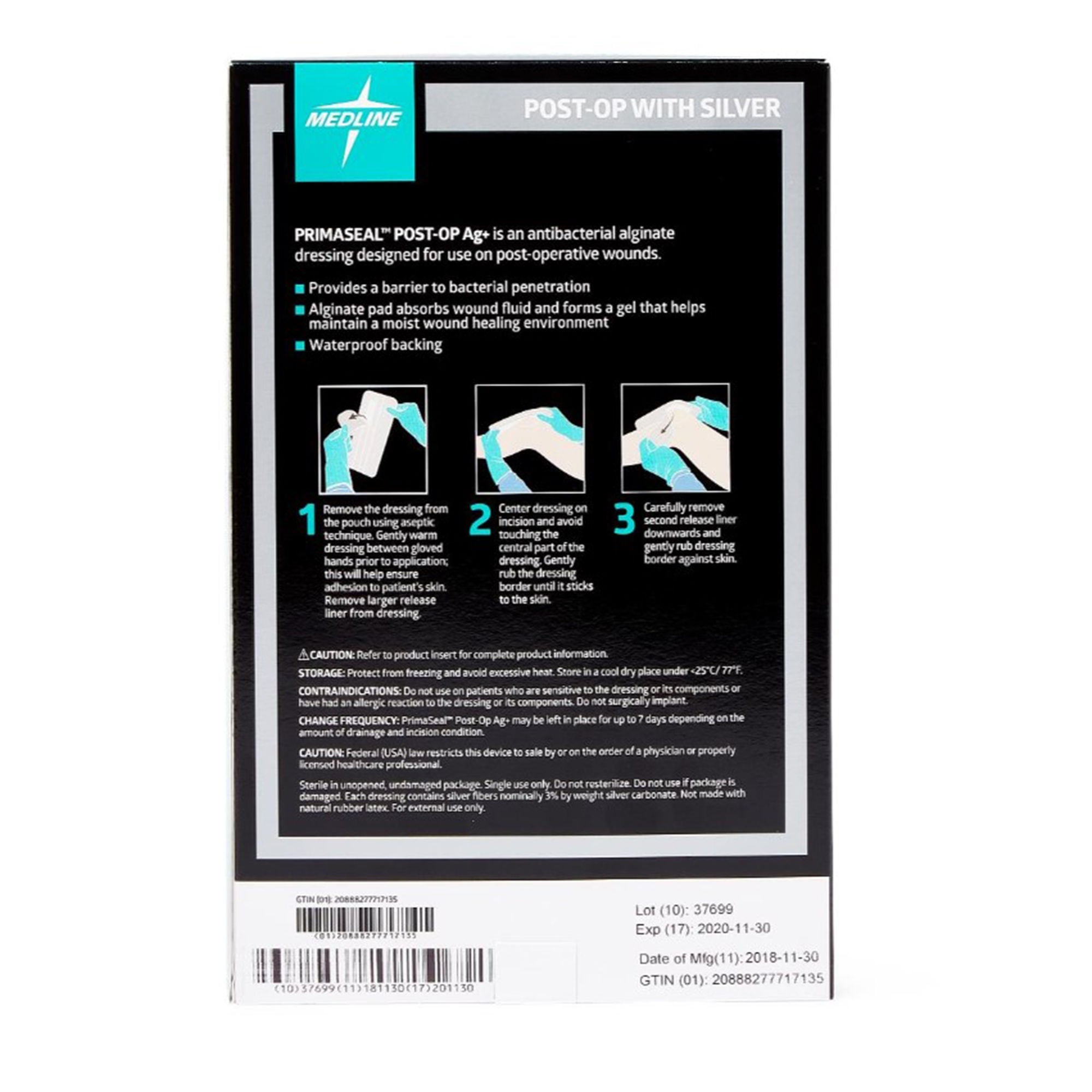 Medline - MSCPS36 Silver Gelling Fiber Dressing PrimaSeal Ag+ Post-Op Strip Sterile