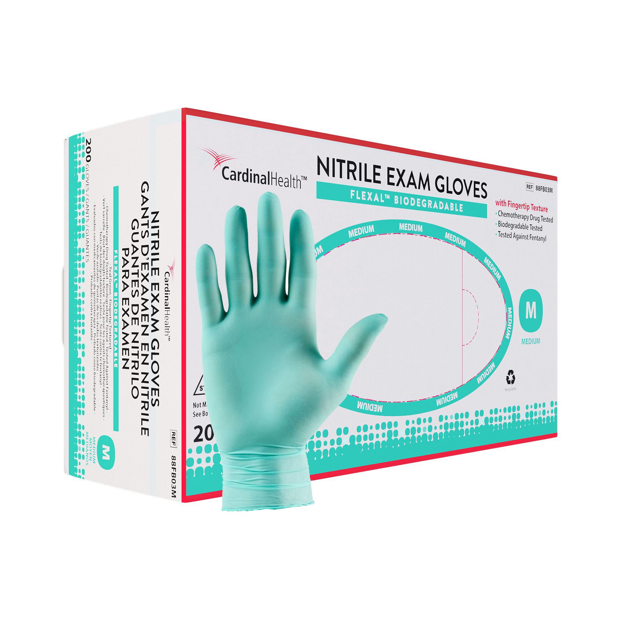 Cardinal - 88FB03M Exam Glove FLEXAL™ Nitrile Biodegradable Medium 200 per Box NonSterile Nitrile Standard Cuff Length Textured Fingertips Teal Chemo Tested / Fentanyl Tested