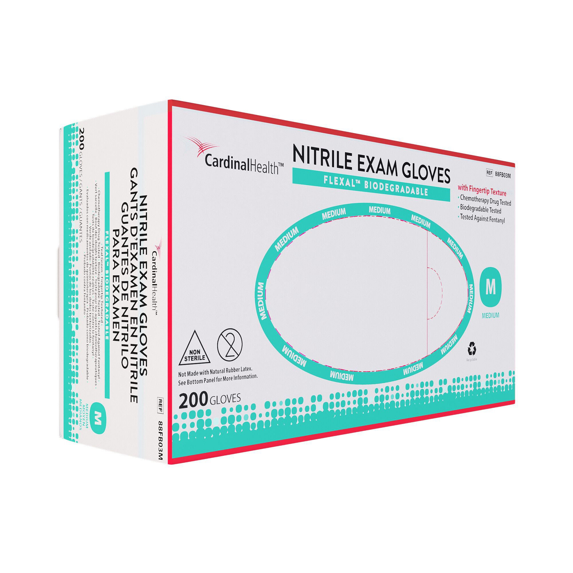 Cardinal - 88FB03M Exam Glove FLEXAL™ Nitrile Biodegradable Medium 200 per Box NonSterile Nitrile Standard Cuff Length Textured Fingertips Teal Chemo Tested / Fentanyl Tested