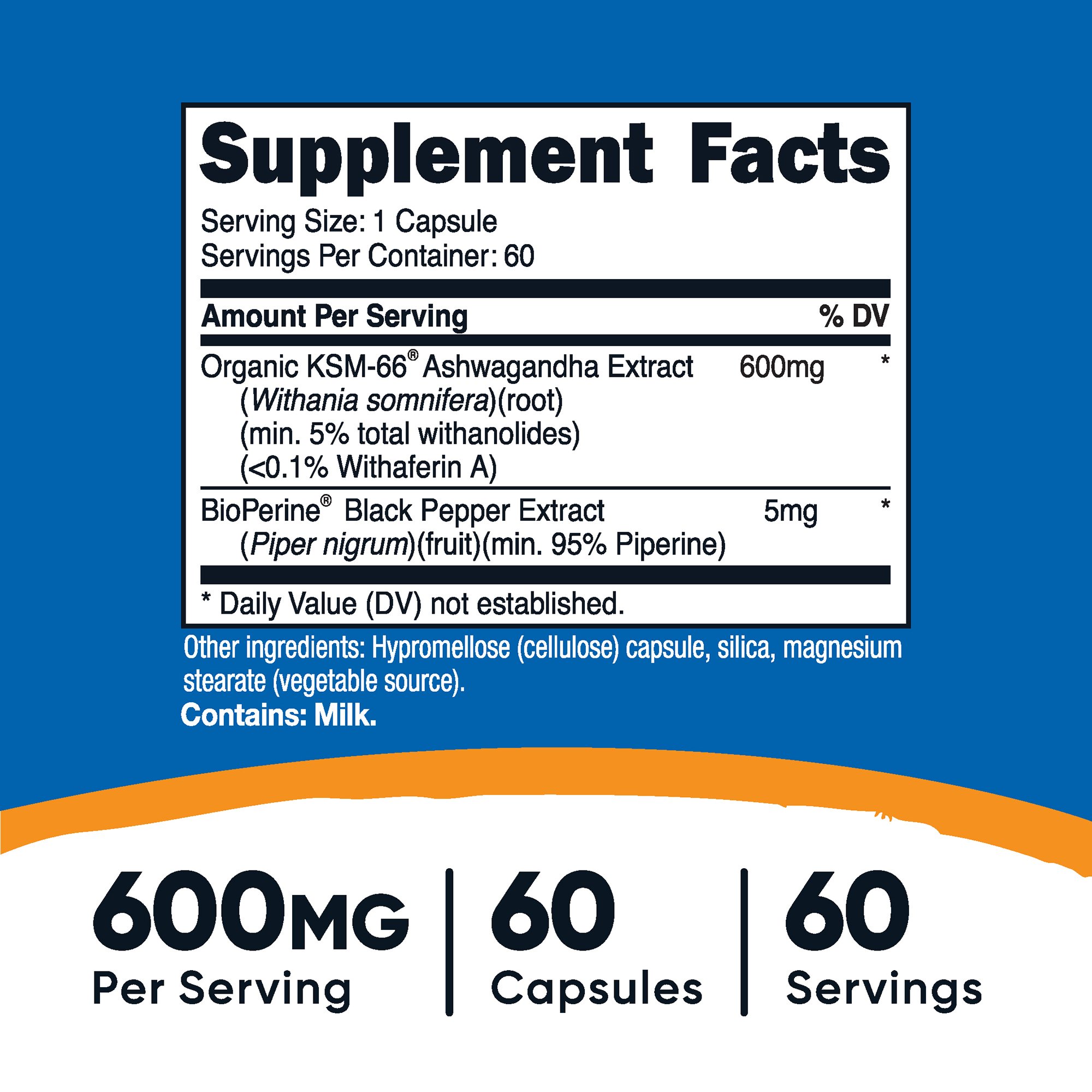 Nutricost NTC188101 - nutricost® KSM-66® Ashwagandha Root Extract and Black Pepper Extract - 1/Bottle, 12/Case