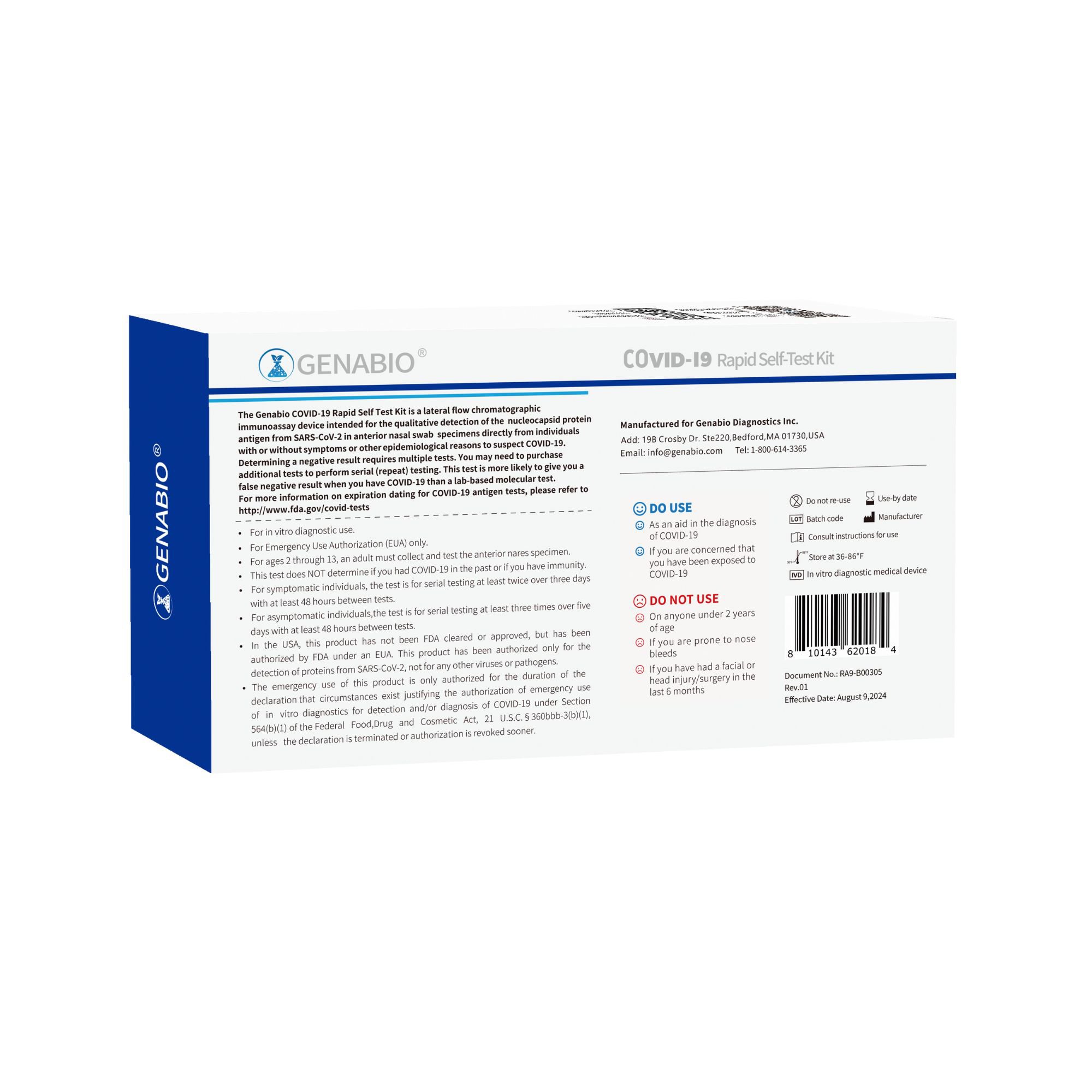 Genabio Diagnostics Inc RA9-E00305 - Genabio® COVID-19 at Home Rapid Self-Test Kit, Five Tests per Pack - 1/Kit, 54/Case