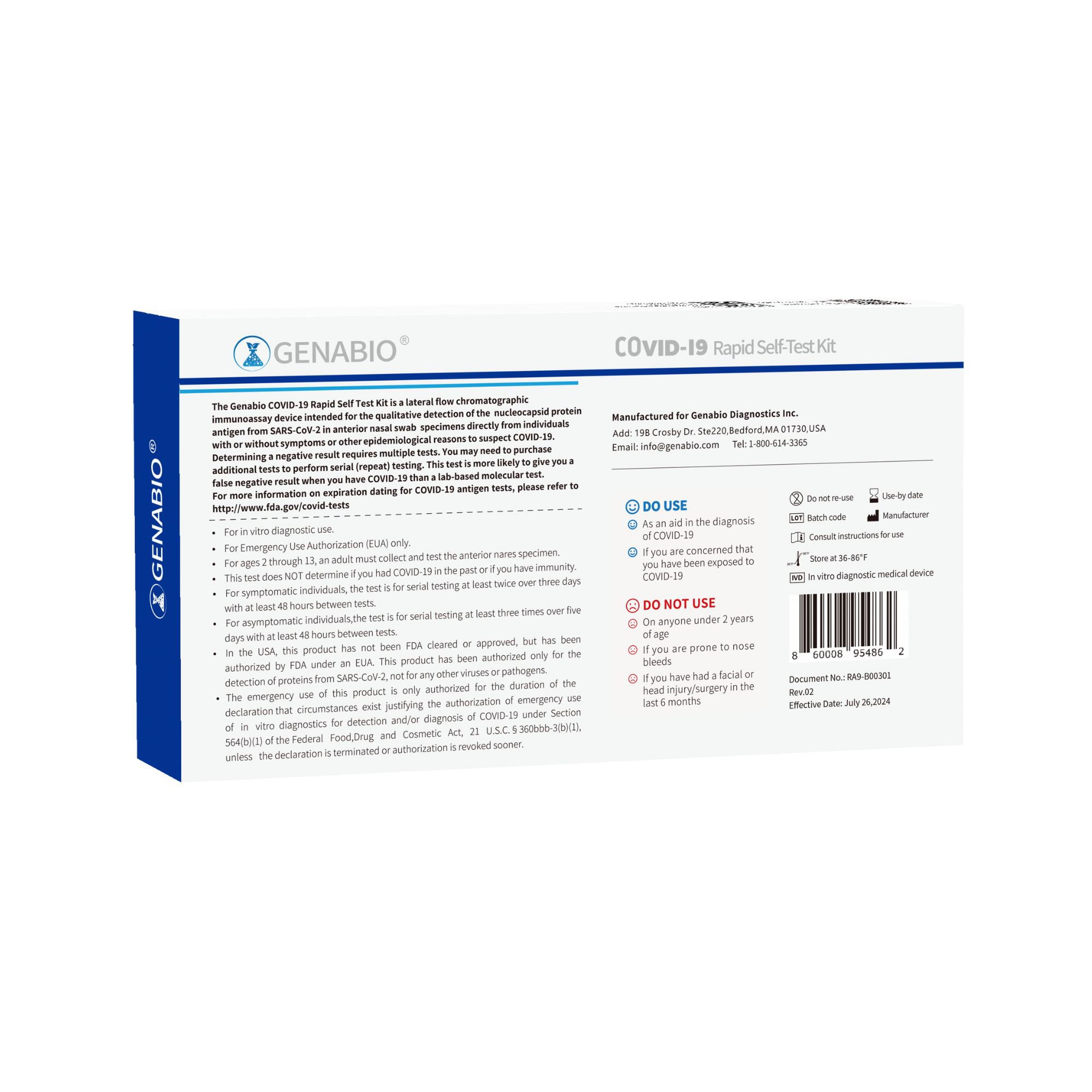 Genabio Diagnostics Inc RA9-E00301 - Genabio® COVID-19 at Home Rapid Self-Test Kit, 14 Tests per Pack - 1/Pack, 18/Case