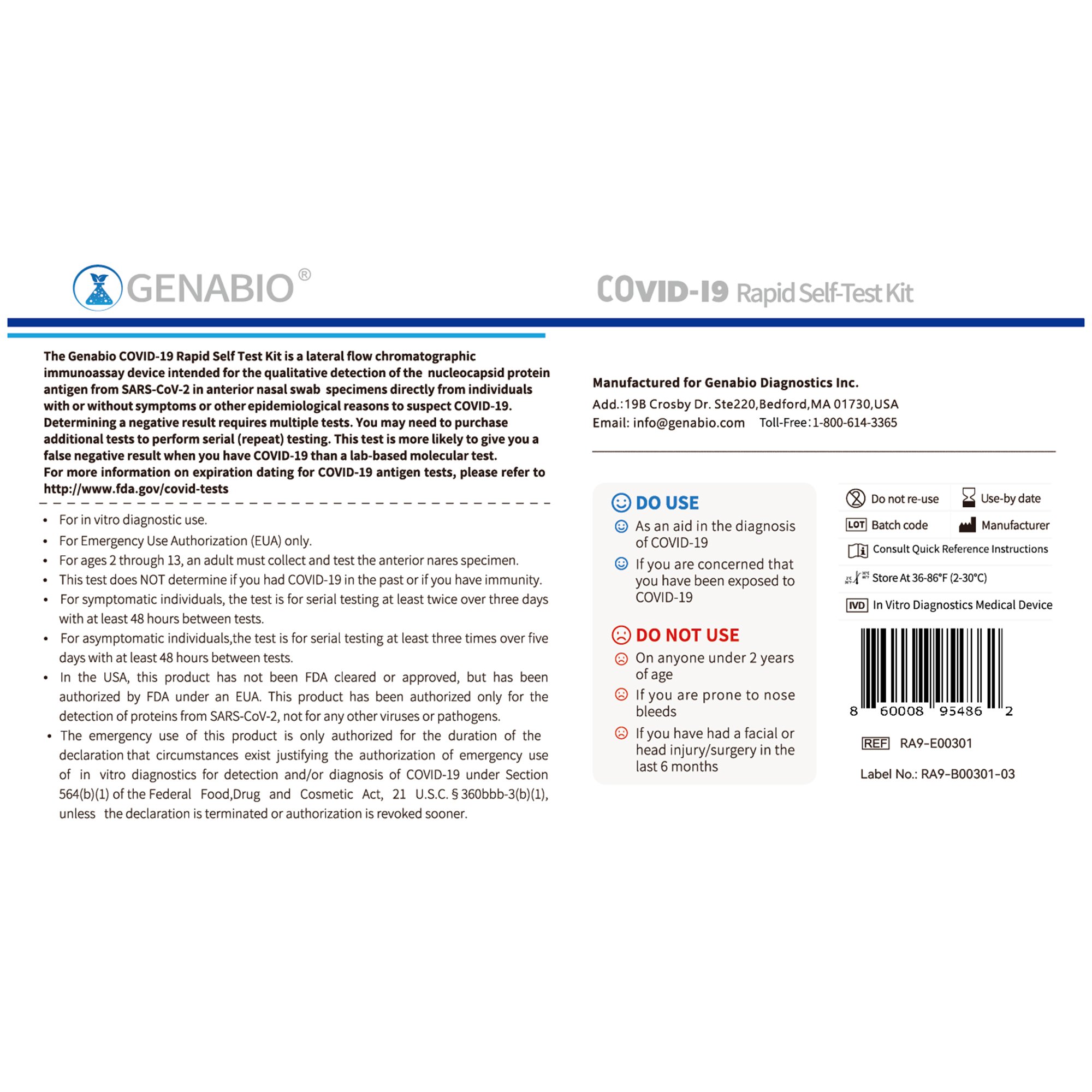 Genabio Diagnostics Inc RA9-E00301 - Genabio® COVID-19 at Home Rapid Self-Test Kit, 14 Tests per Pack - 1/Pack, 18/Case