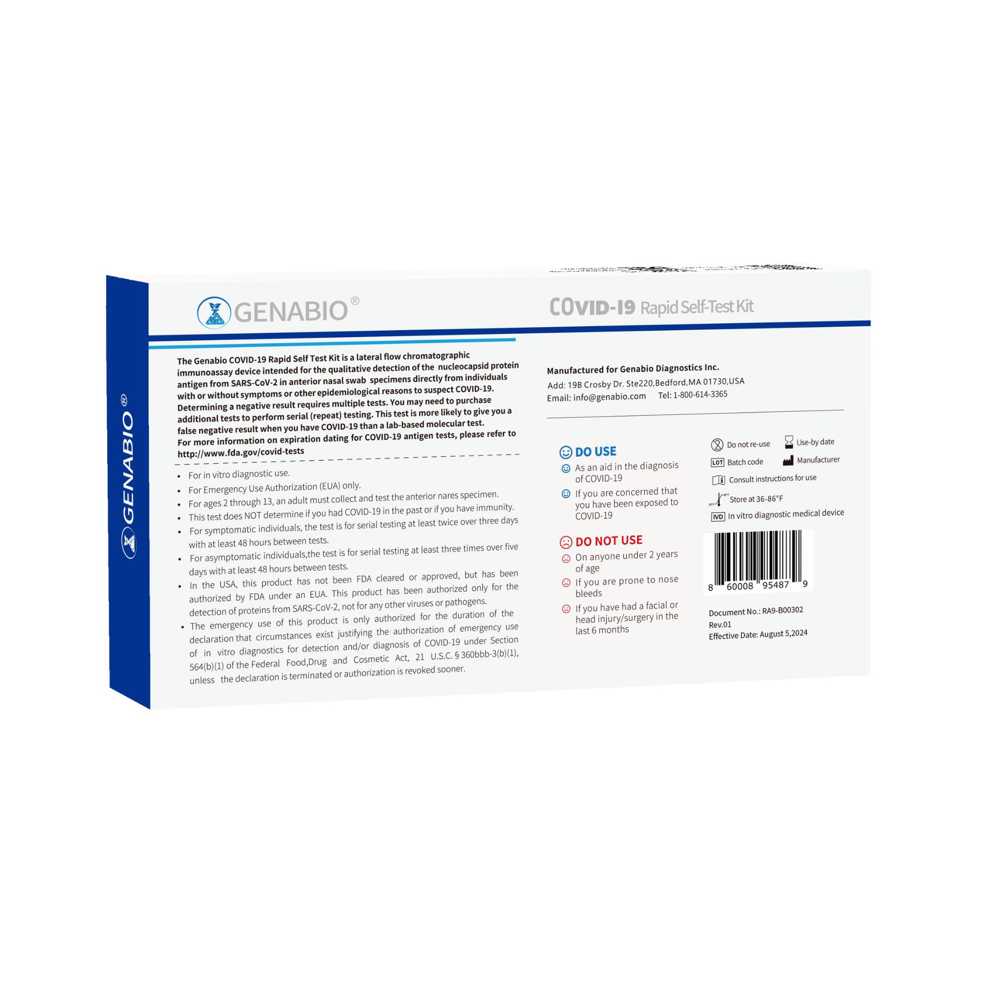 Genabio Diagnostics Inc RA9-E00302 - Genabio® COVID-19 at Home Rapid Self-Test Kit, Two Tests per Pack - 1/Kit, 102/Case