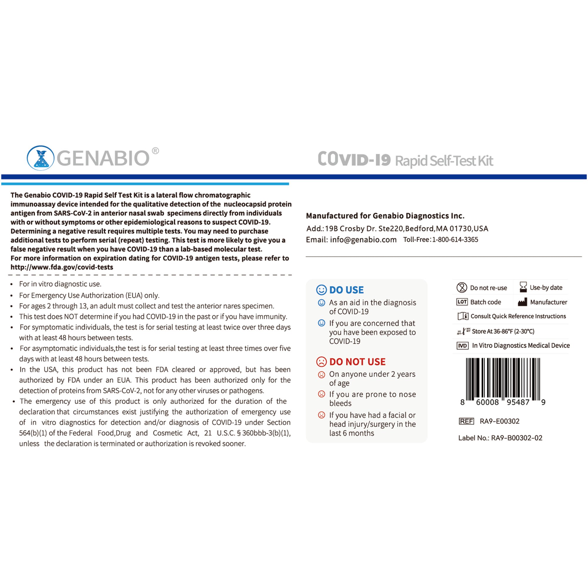 Genabio Diagnostics Inc RA9-E00302 - Genabio® COVID-19 at Home Rapid Self-Test Kit, Two Tests per Pack - 1/Kit, 102/Case