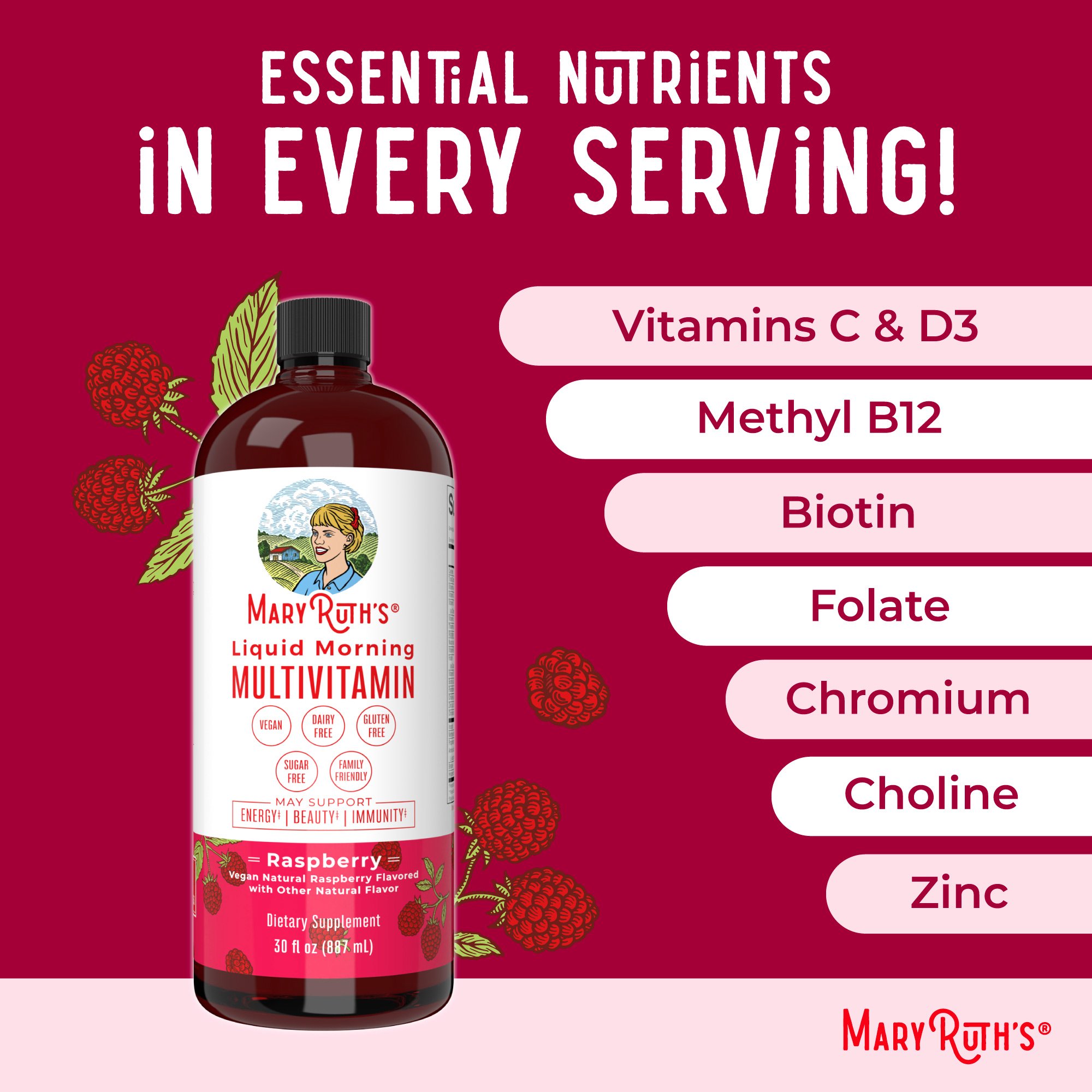 MRO MaryRuth LLC BL-AD-MLT-CV-PSF-30Z-UN-01 - Mary Ruth's™ Liquid Morning Multivitamin, Raspberry Flavor, 30-ounce Bottle - 1/Each, 6/Case