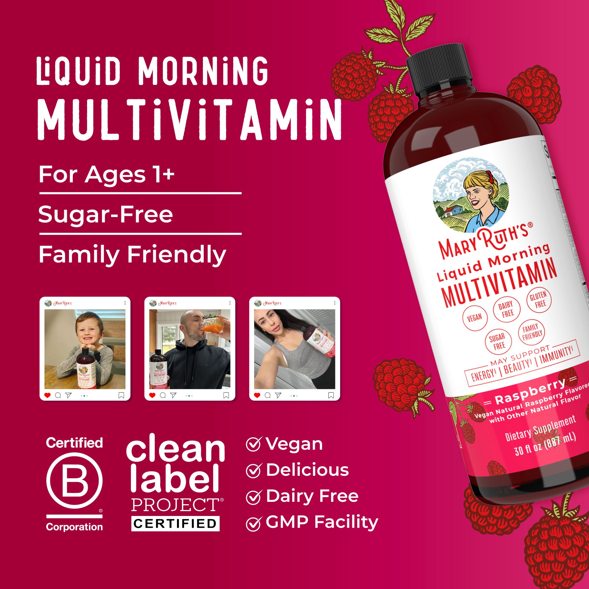 MRO MaryRuth LLC BL-AD-MLT-CV-PSF-30Z-UN-01 - Mary Ruth's™ Liquid Morning Multivitamin, Raspberry Flavor, 30-ounce Bottle - 1/Each, 6/Case