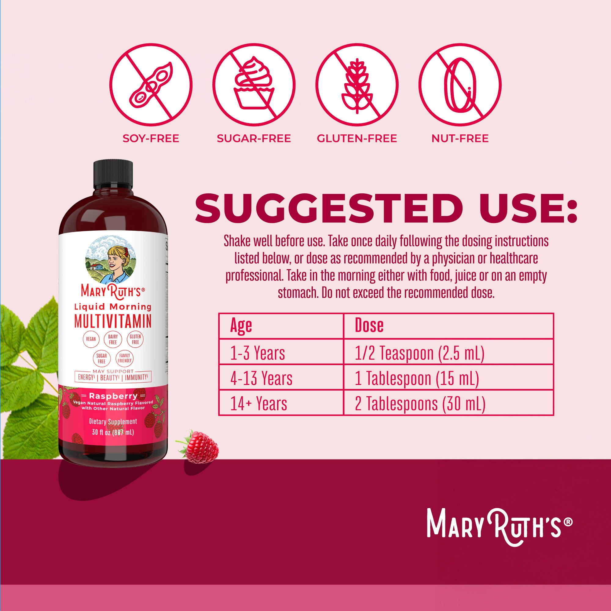 MRO MaryRuth LLC BL-AD-MLT-CV-PSF-30Z-UN-01 - Mary Ruth's™ Liquid Morning Multivitamin, Raspberry Flavor, 30-ounce Bottle - 1/Each, 6/Case