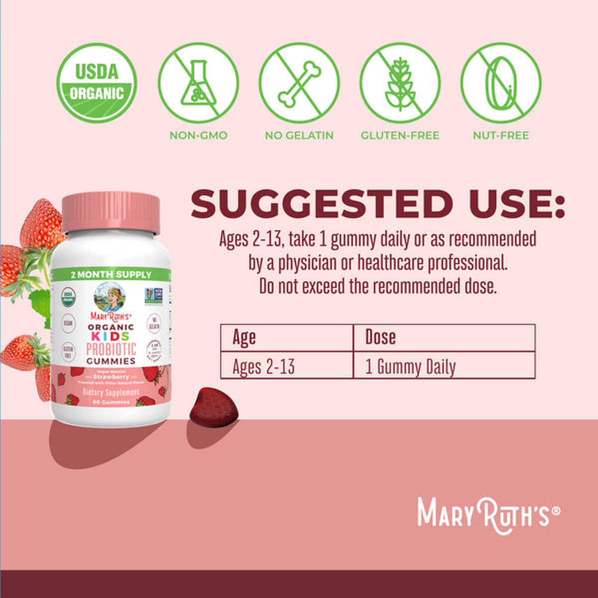 MRO MaryRuth LLC GM-KD-PRO-OG-SG-060-RE-01 - Mary Ruth's™ Organic Kids Probiotic Gummies, Strawberry Flavor - 1/Each, 6/Case