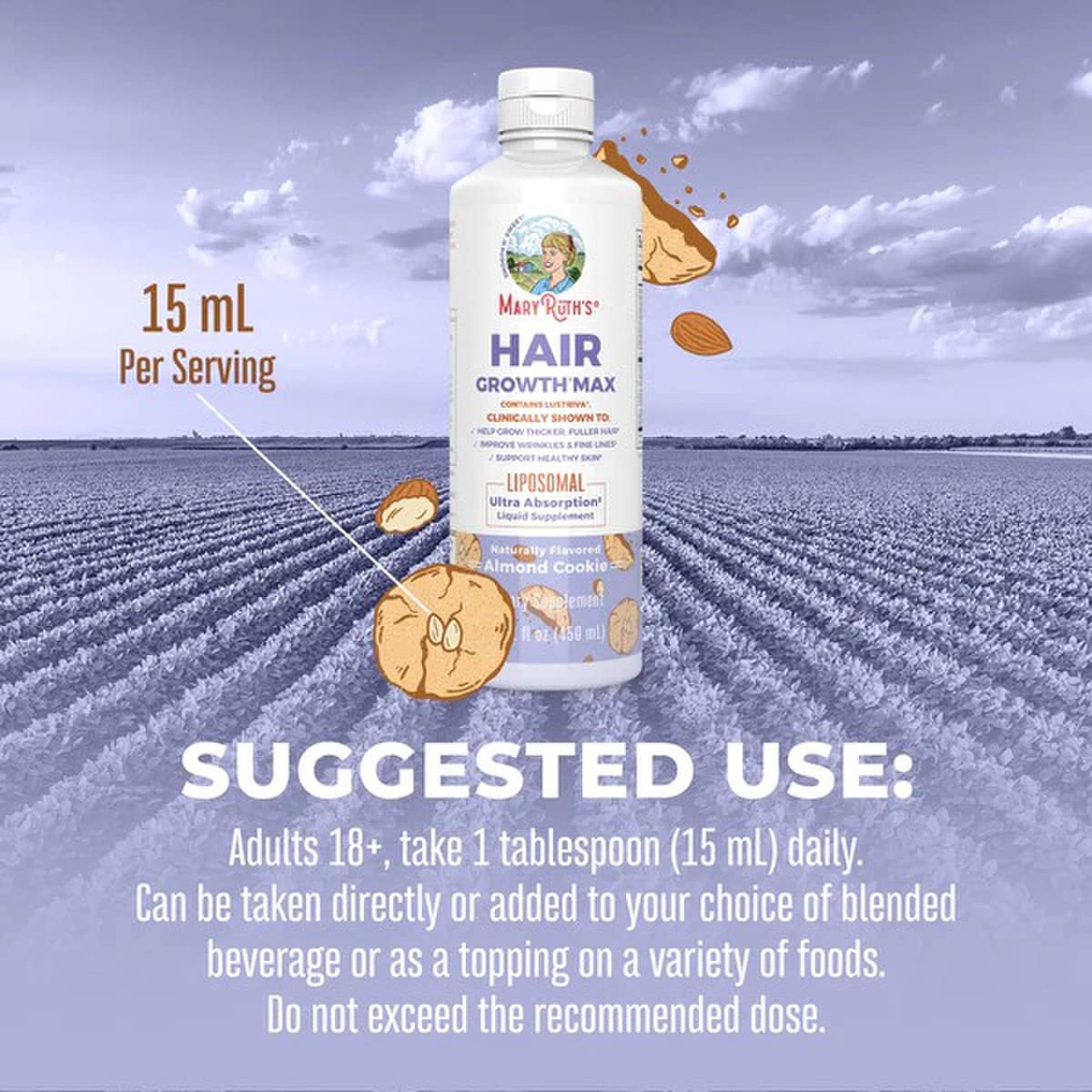 MRO MaryRuth LLC LP-AD-HGM-CV-SF-16Z-UN-01 - Mary Ruth's® Hair Growth Max Liposomal, Almond Cookie Flavor, 15.22-ounce Bottle - 1/Each, 6/Case
