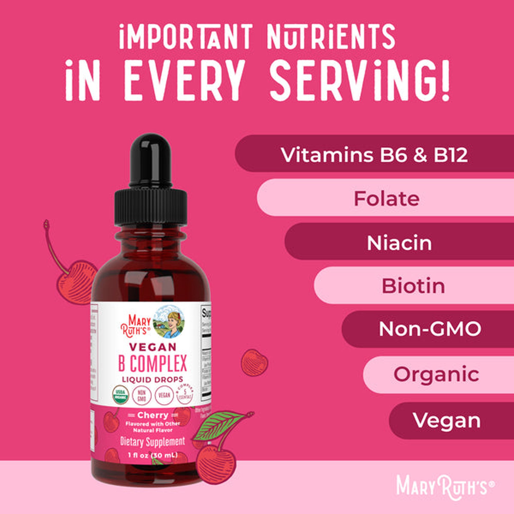 MRO MaryRuth LLC DR-AD-VBX-OG-SF-1OZ-RE-01 - Mary Ruth's® Vegan B-Complex Drops, B Vitamins in Liquid Form - 1/Each, 6/Case